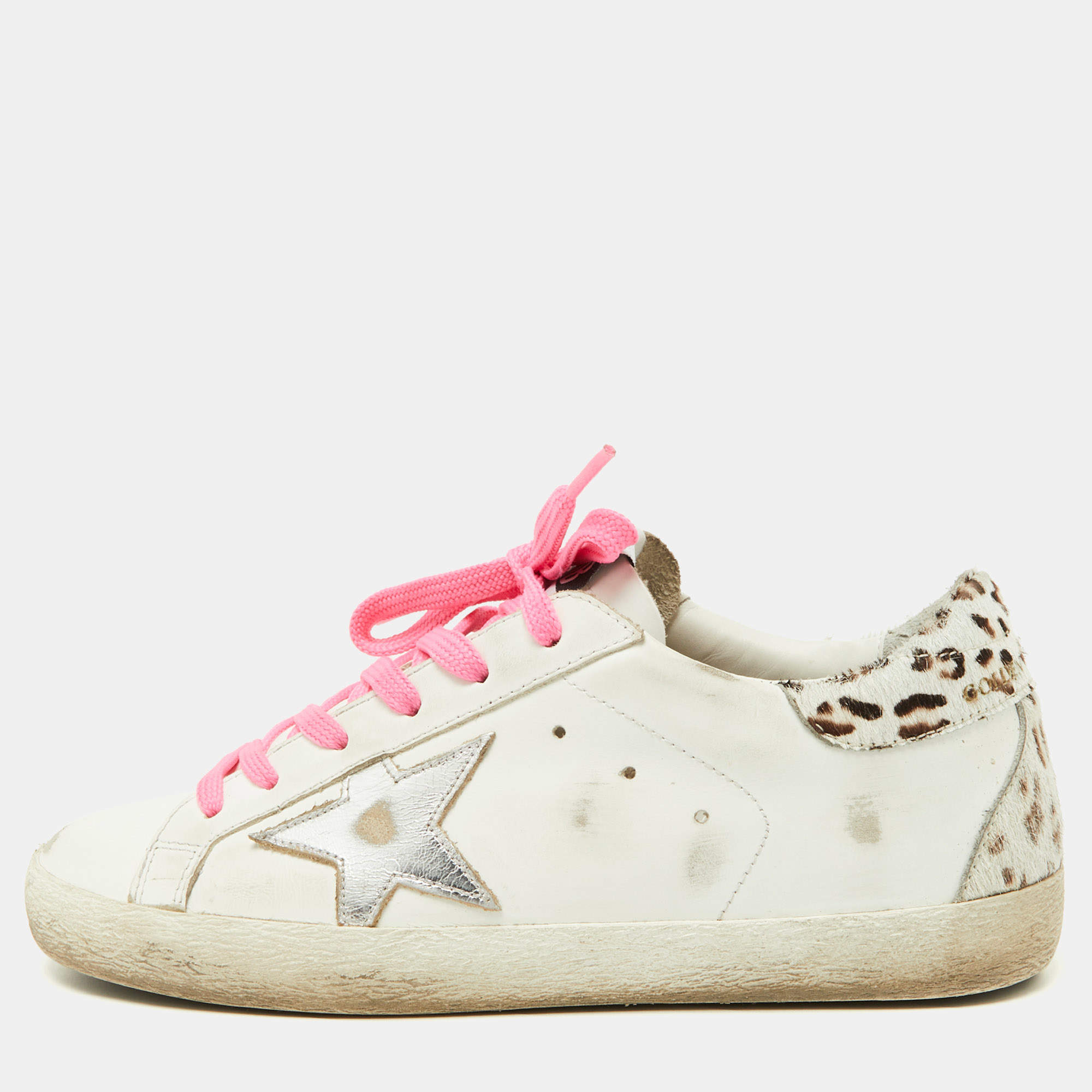 Golden Goose White/Brown Leather and Calf Hair Superstar Sneakers Size 37