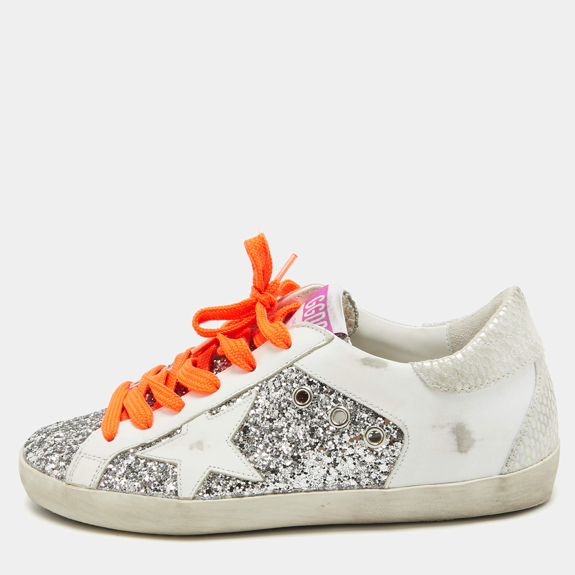 Pre Owned Golden Goose Silver/White Leather and Glitter Super Star Low Top Sneakers Size 36