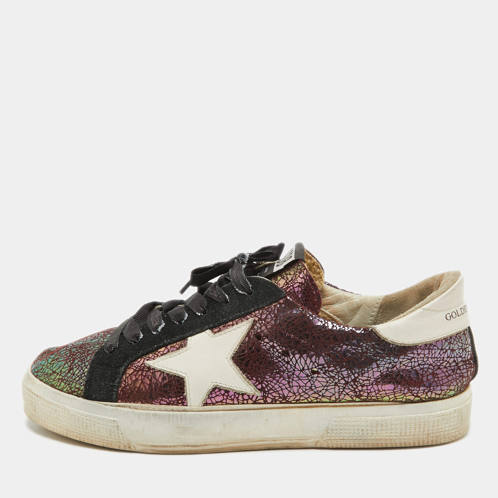 Pre Owned Golden Goose Purple Leather and Suede Sequin May Sneakers Size 39