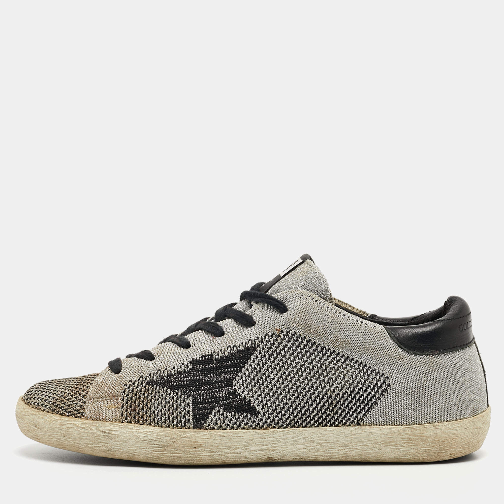 Pre Owned Golden Goose Grey/Black Glitter Fabric and Leather Superstar Sneakers Size 37