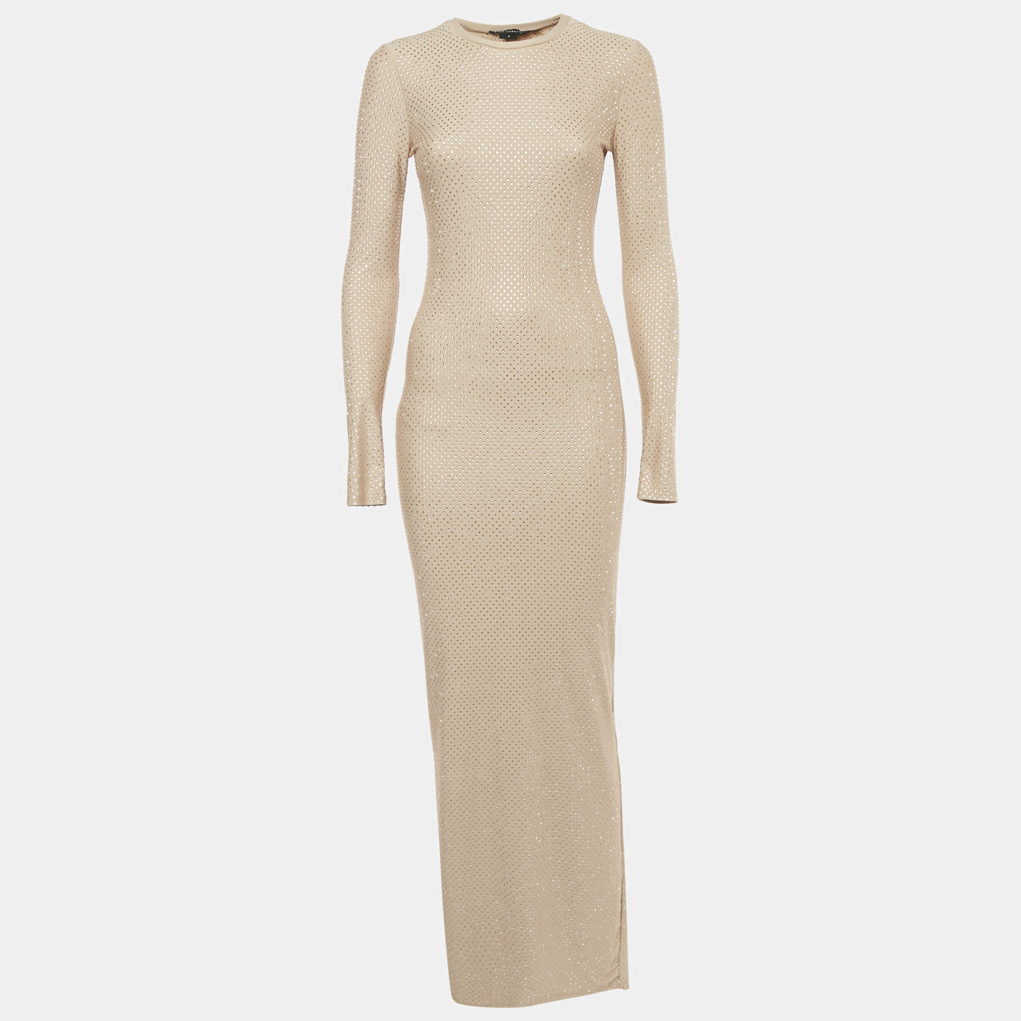 Pre Owned Good American Beige Studded Jersey Long Sleeve Maxi Dress S
