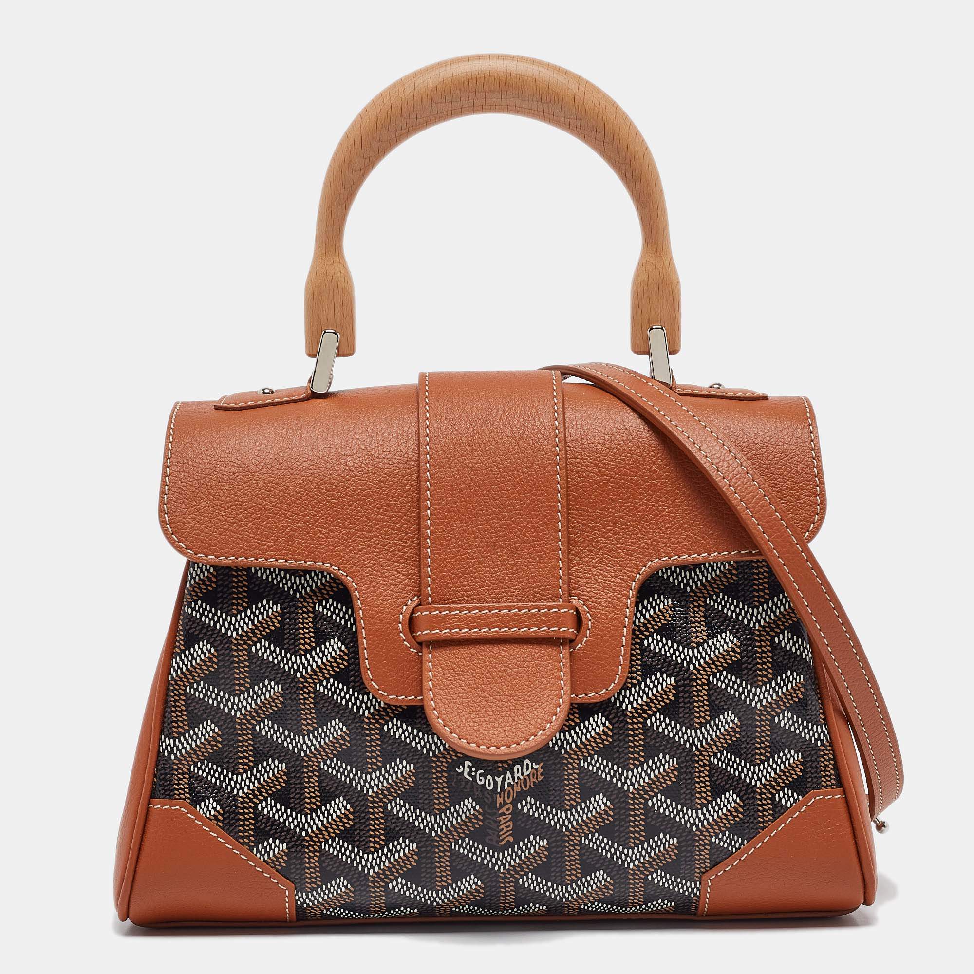Pre Owned Goyard Tan/Black Goyardine Coated Canvas And Leather Mini Saigon Top Handle Bag