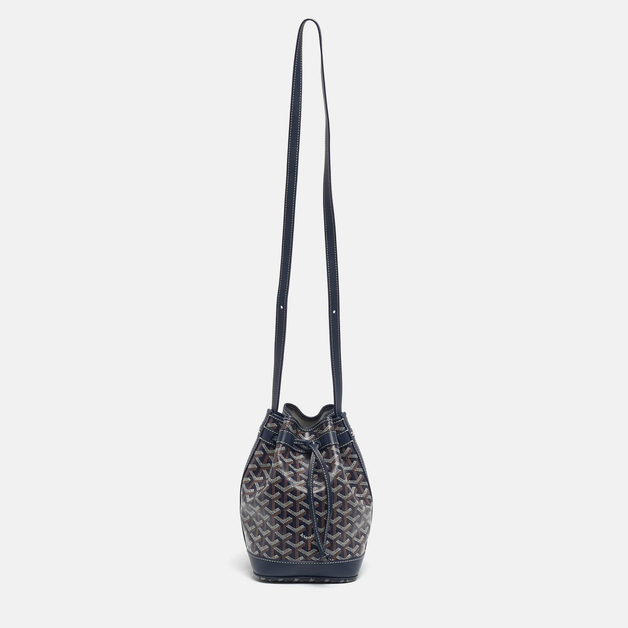 Pre Owned Goyard Navy Blue Goyardine Coated Canvas and Leather Petit Flot Bucket Bag