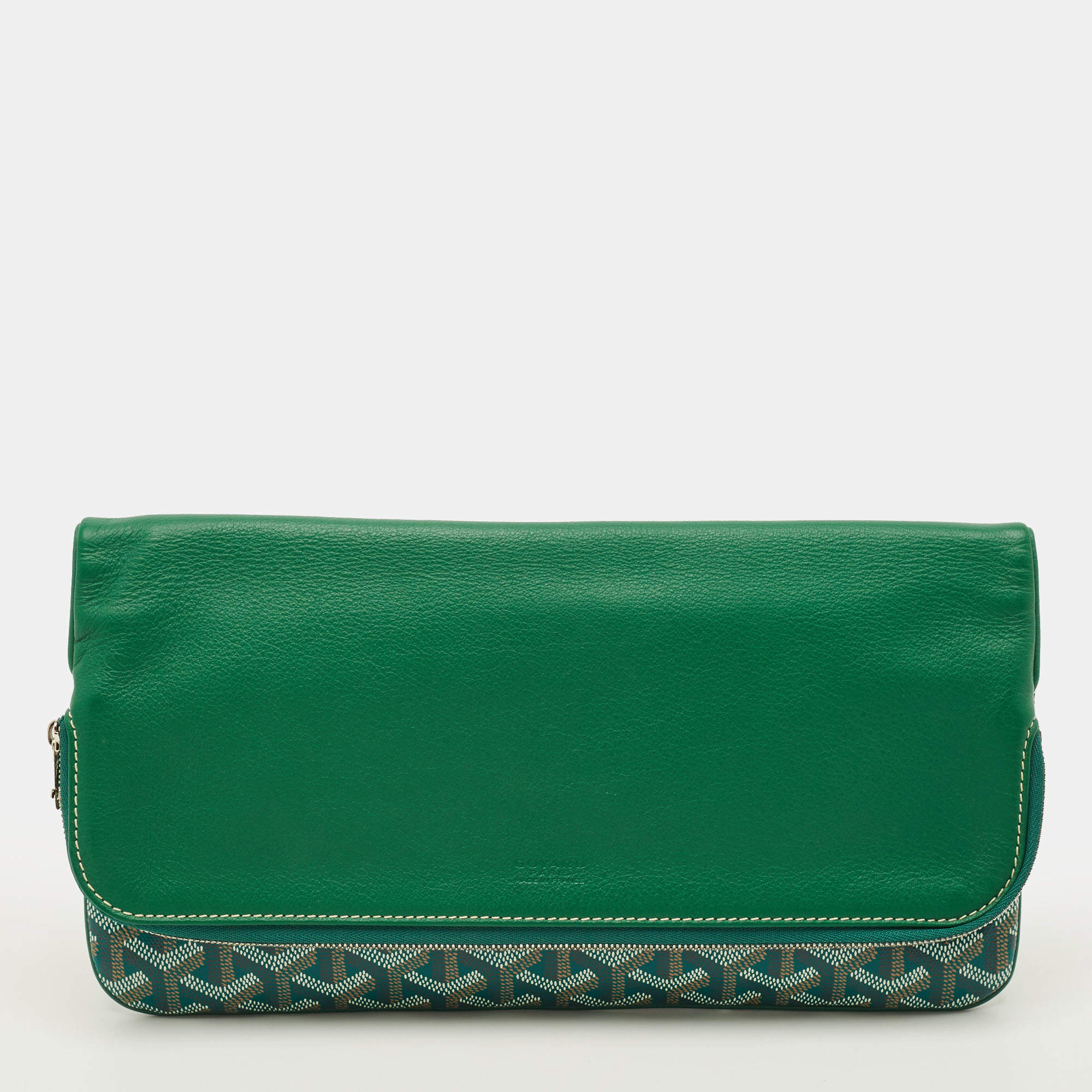 Pre Owned Goyard Sainte Marie MM Green Goyardine Coated Canvas and Leather Clutch