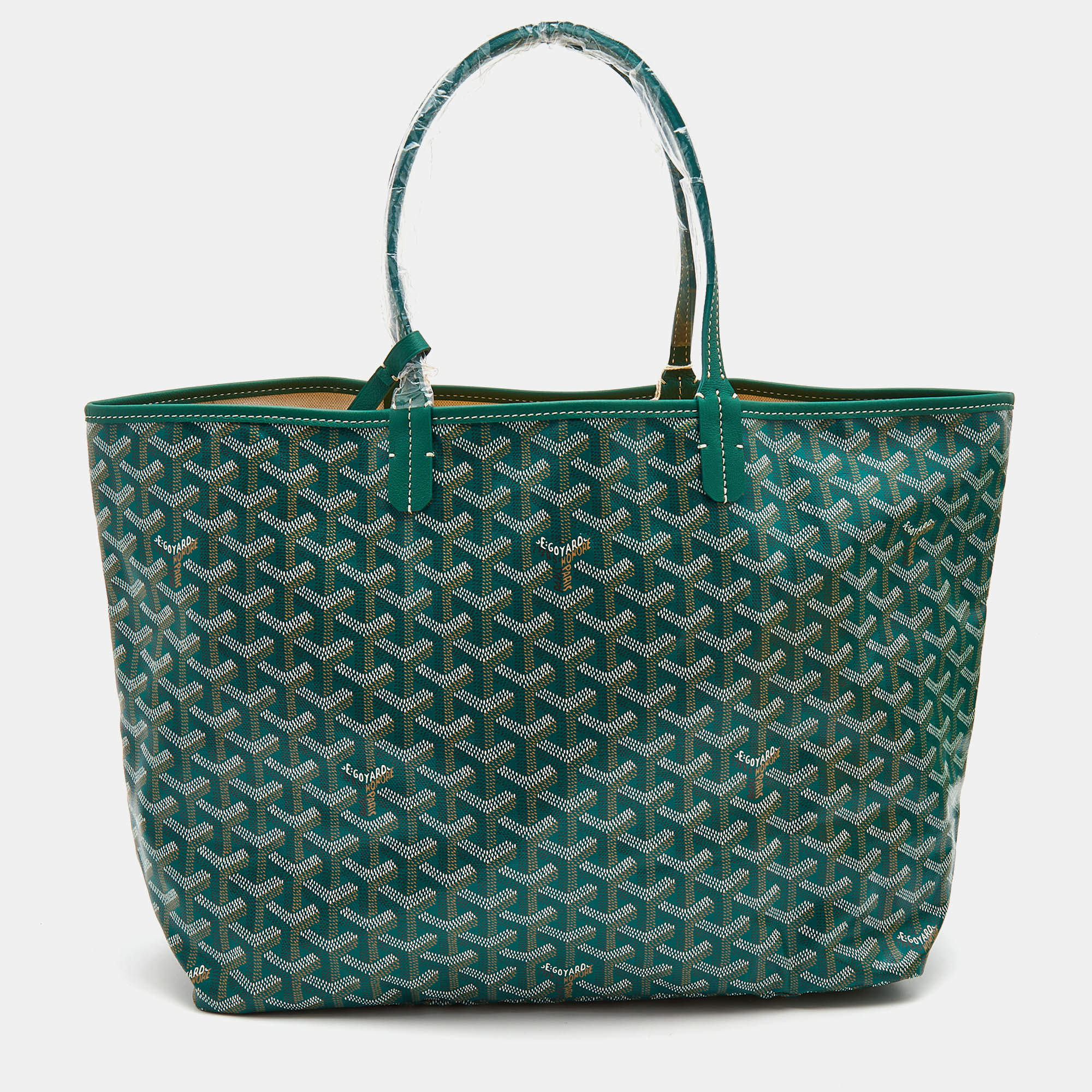 Auth GOYARD Artois PM Green Cream Brown Coated Canvas Leather