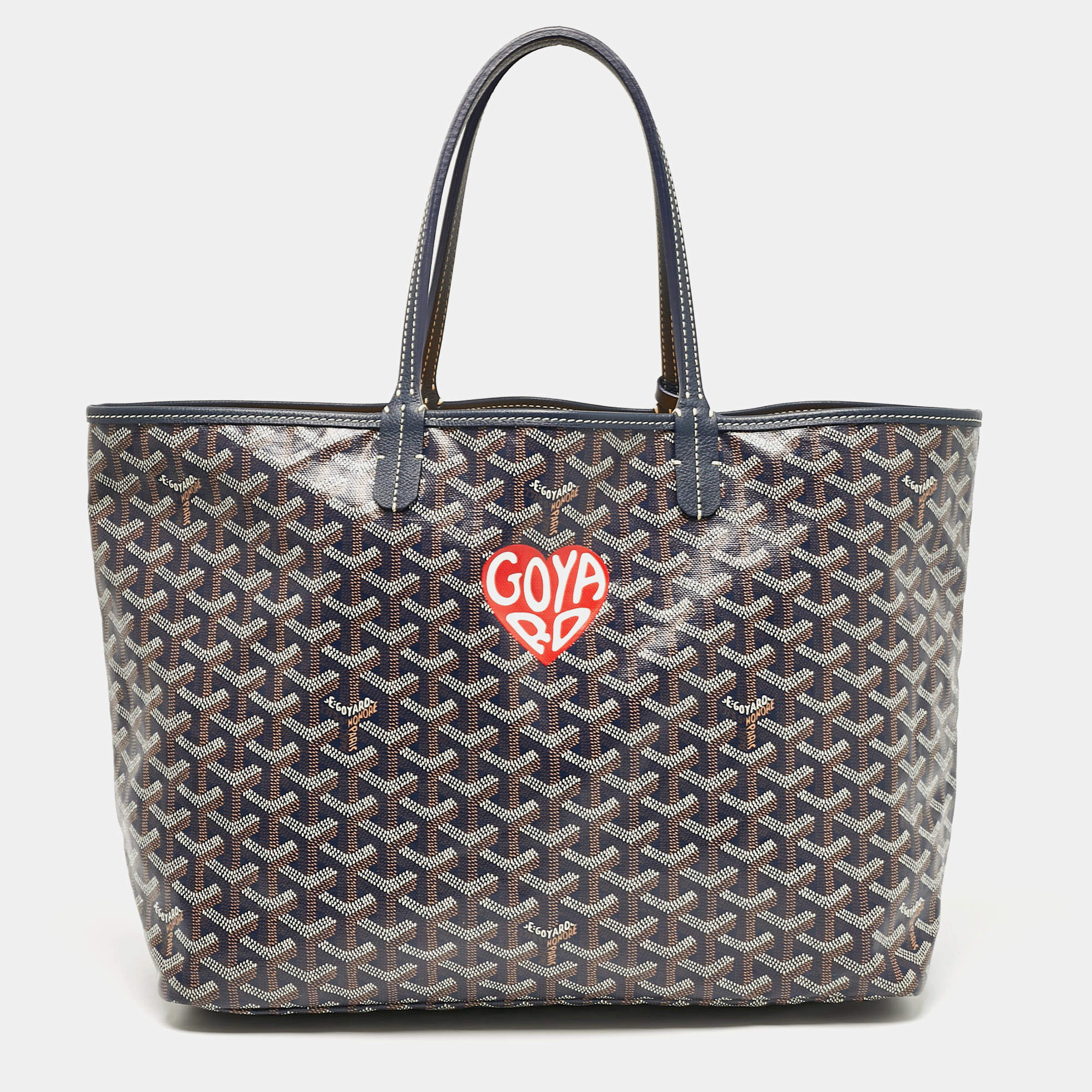 Pre Owned Goyard Navy Blue Goyardine Coated Canvas and Leather Heart Saint Louis PM Tote
