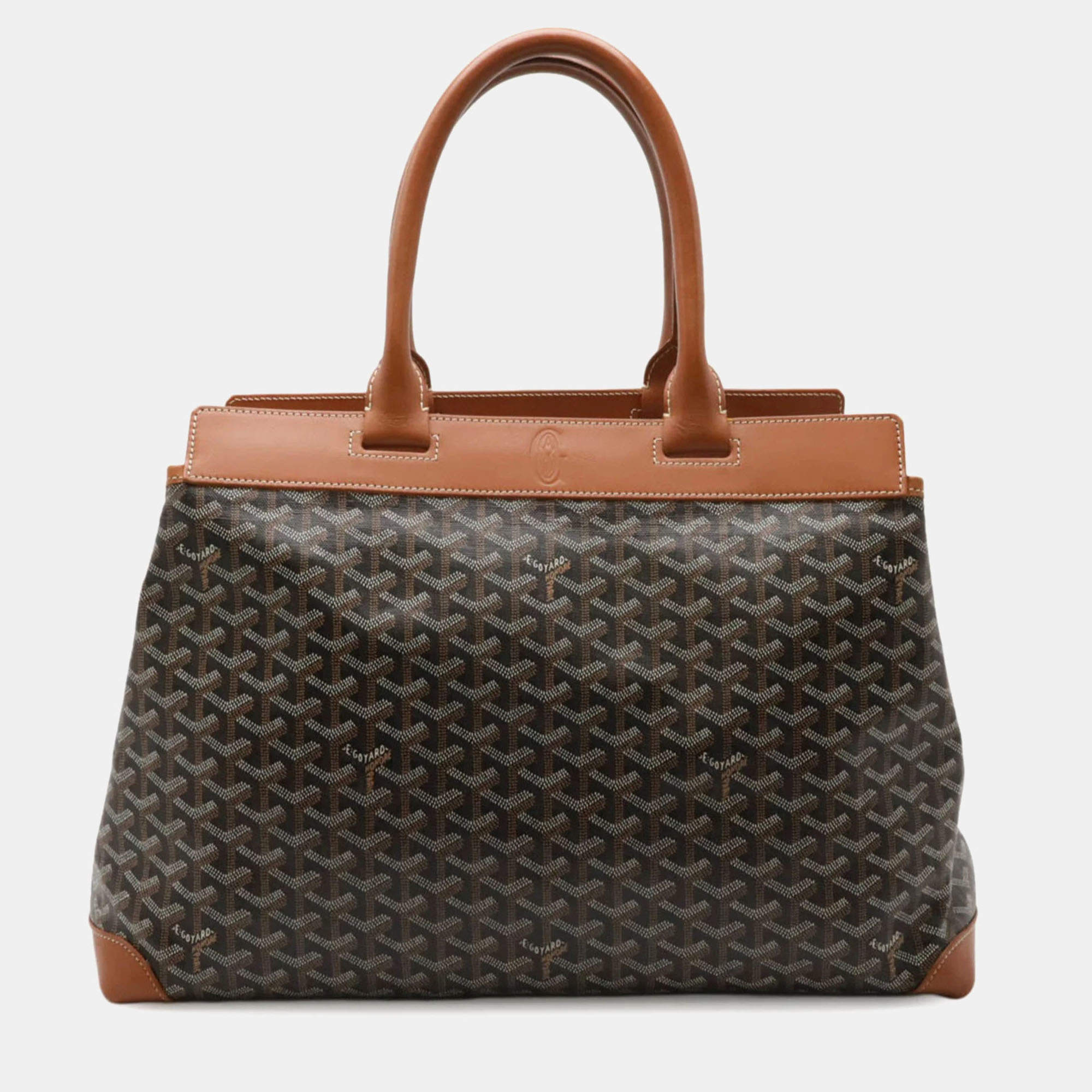 Goyard Belle Chasse MM Herringbone Pattern Black Brown Coated Canvas Leather Tote