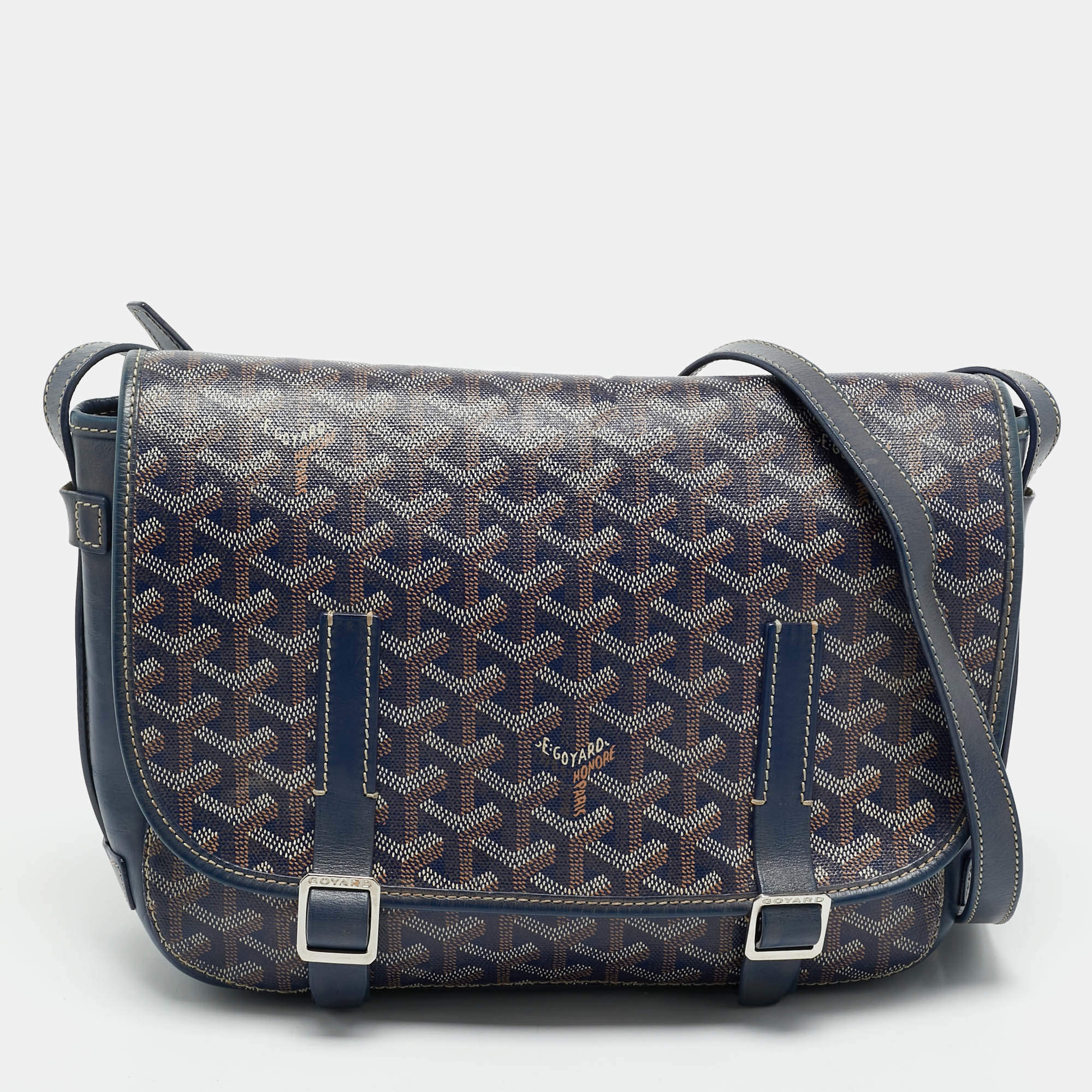 Pre Owned Goyard Blue Goyardine Coated Canvas and Leather Belvedere MM Saddle Bag