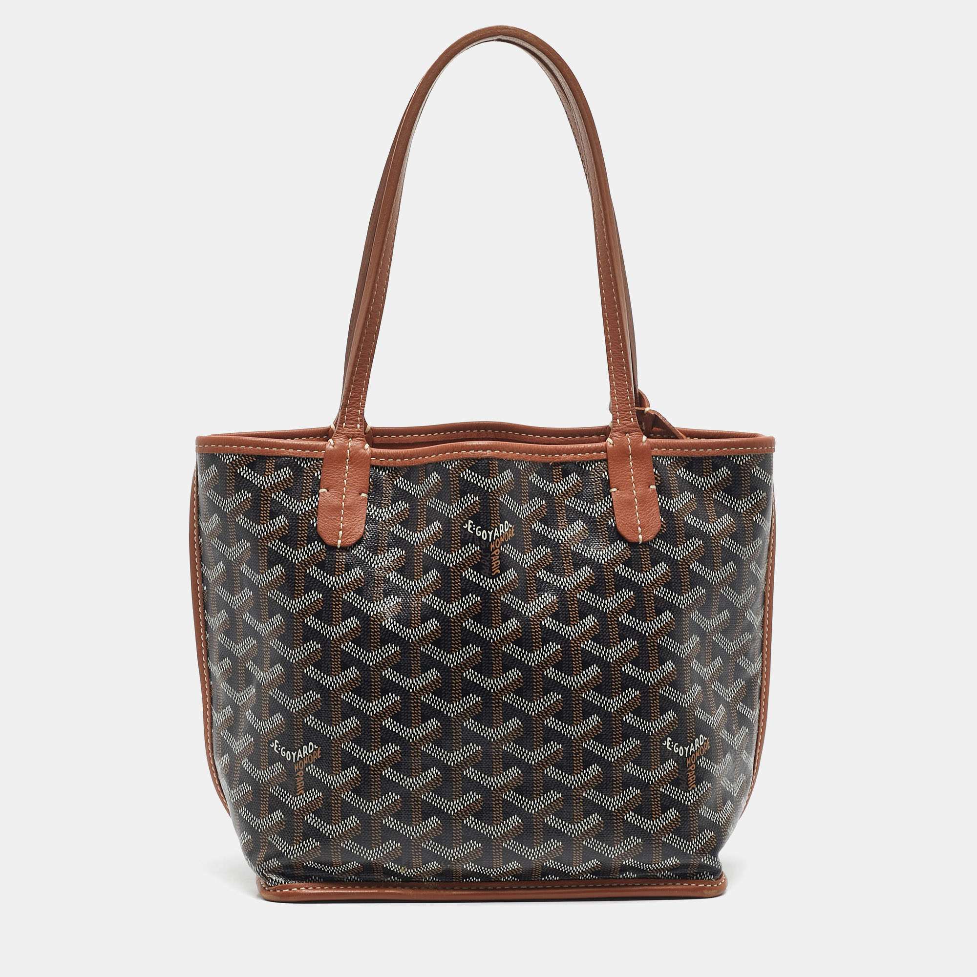 Pre Owned Goyard Black/Tan Goyardine Coated Canvas and Leather Mini Reversible Anjou Tote