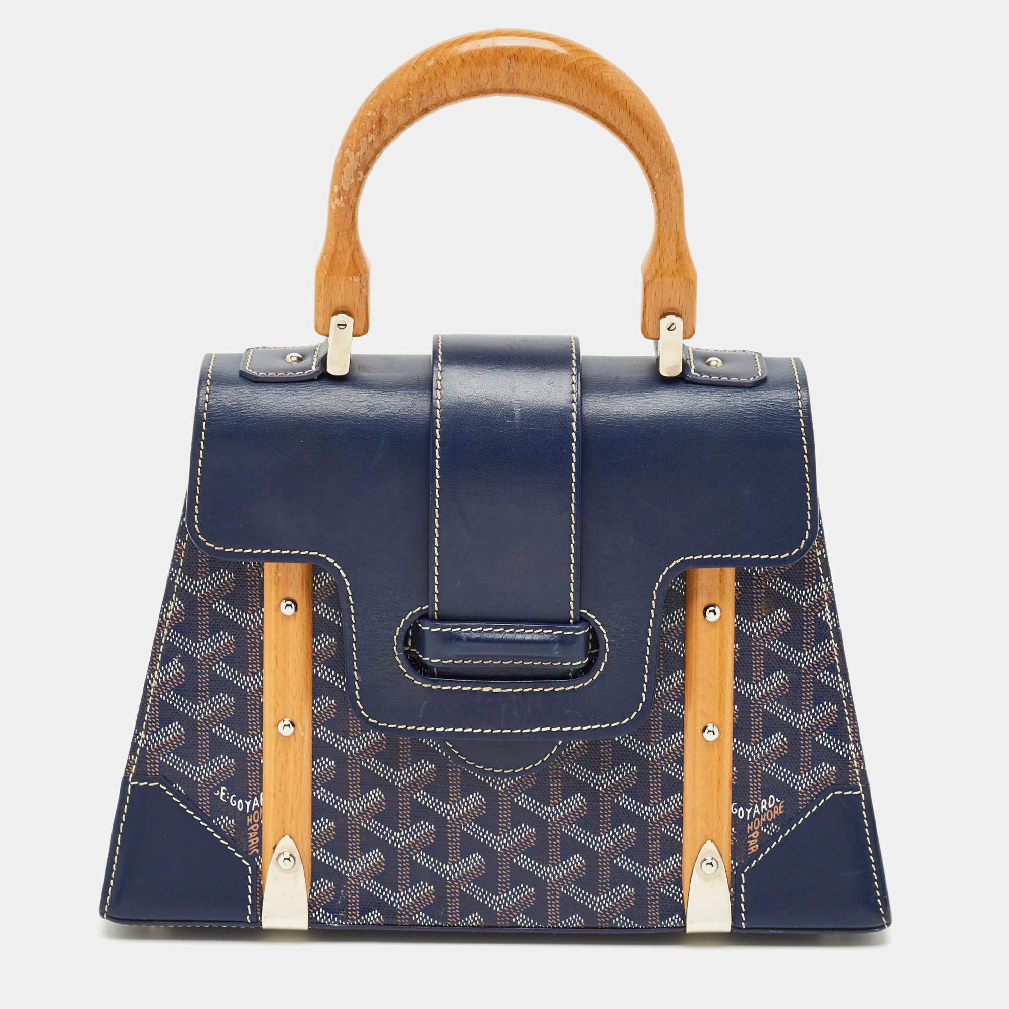 Pre Owned Goyard Navy Blue Goyardine Coated Canvas and Leather PM Saigon Top Handle Bag