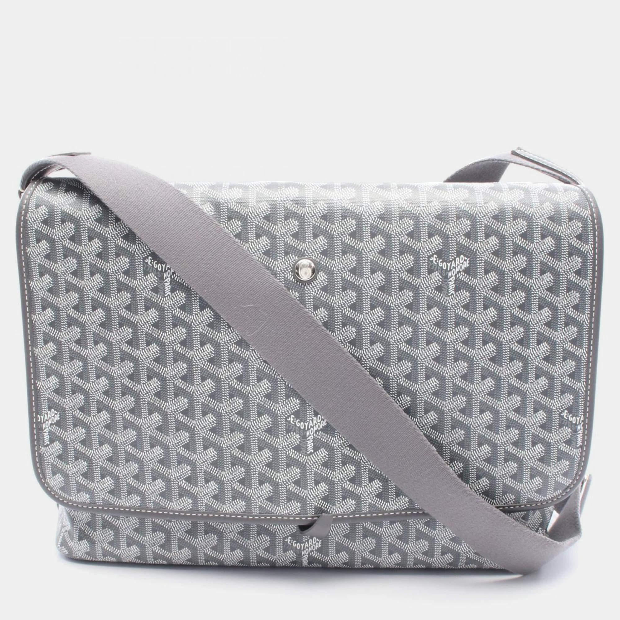 Pre Owned Goyard Capetien MM Grey White Coated Canvas and Leather Shoulder Bag