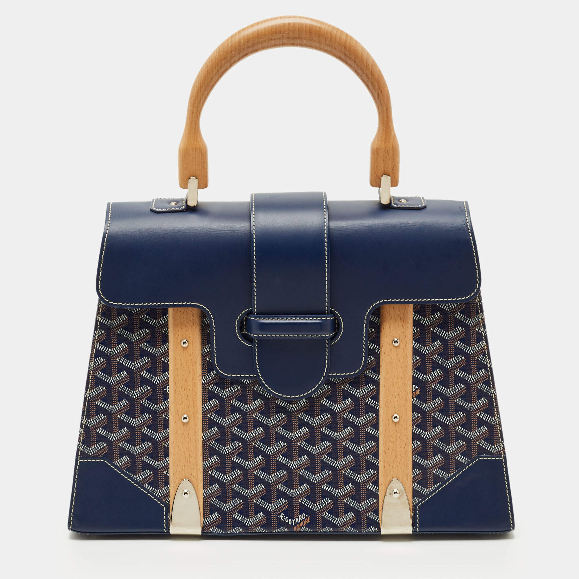 Pre Owned Goyard Navy Blue Goyardine Coated Canvas and Leather Saigon MM Top Handle Bag