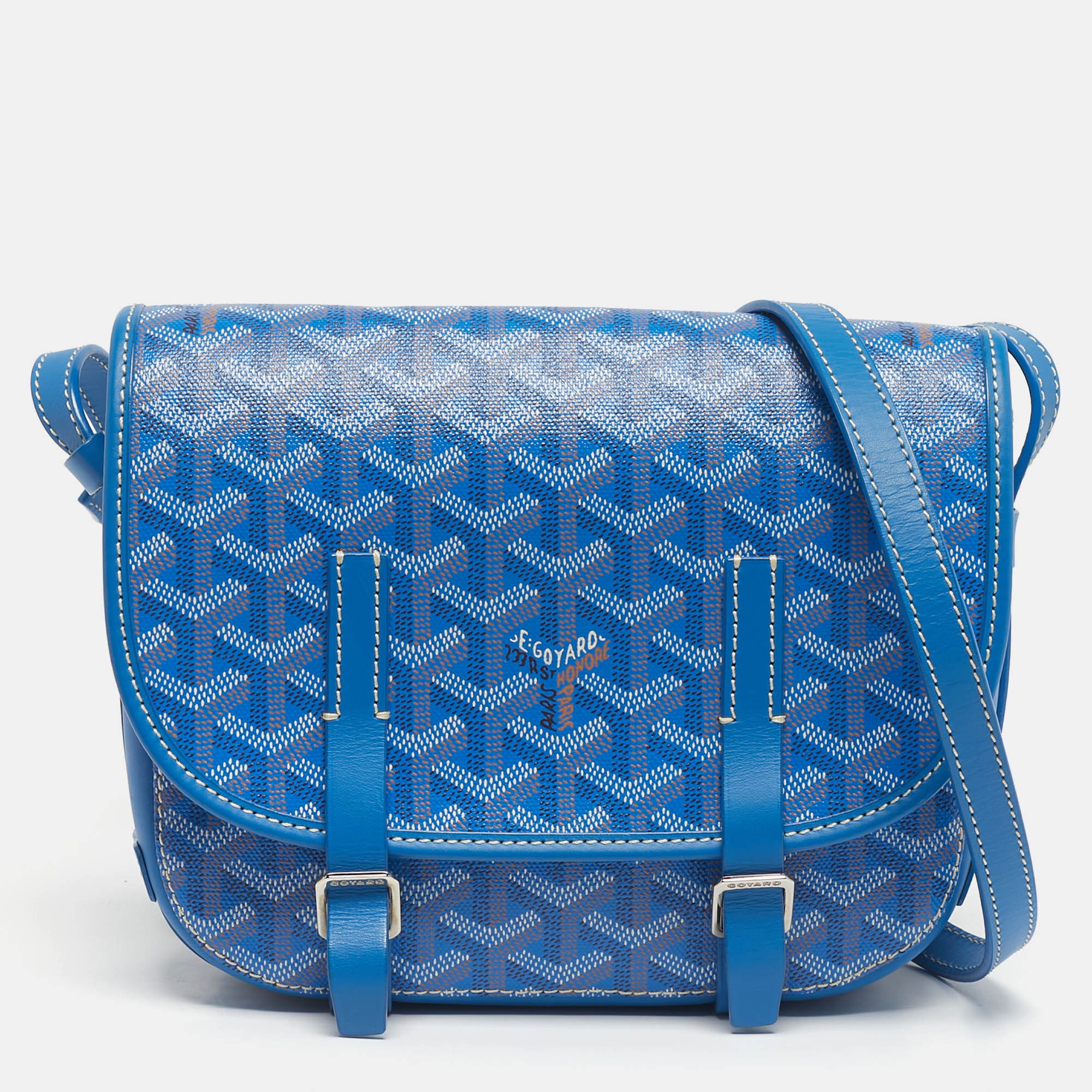 Pre Owned Goyard Blue Goyardine Coated Canvas and Leather Belvedere PM Bag