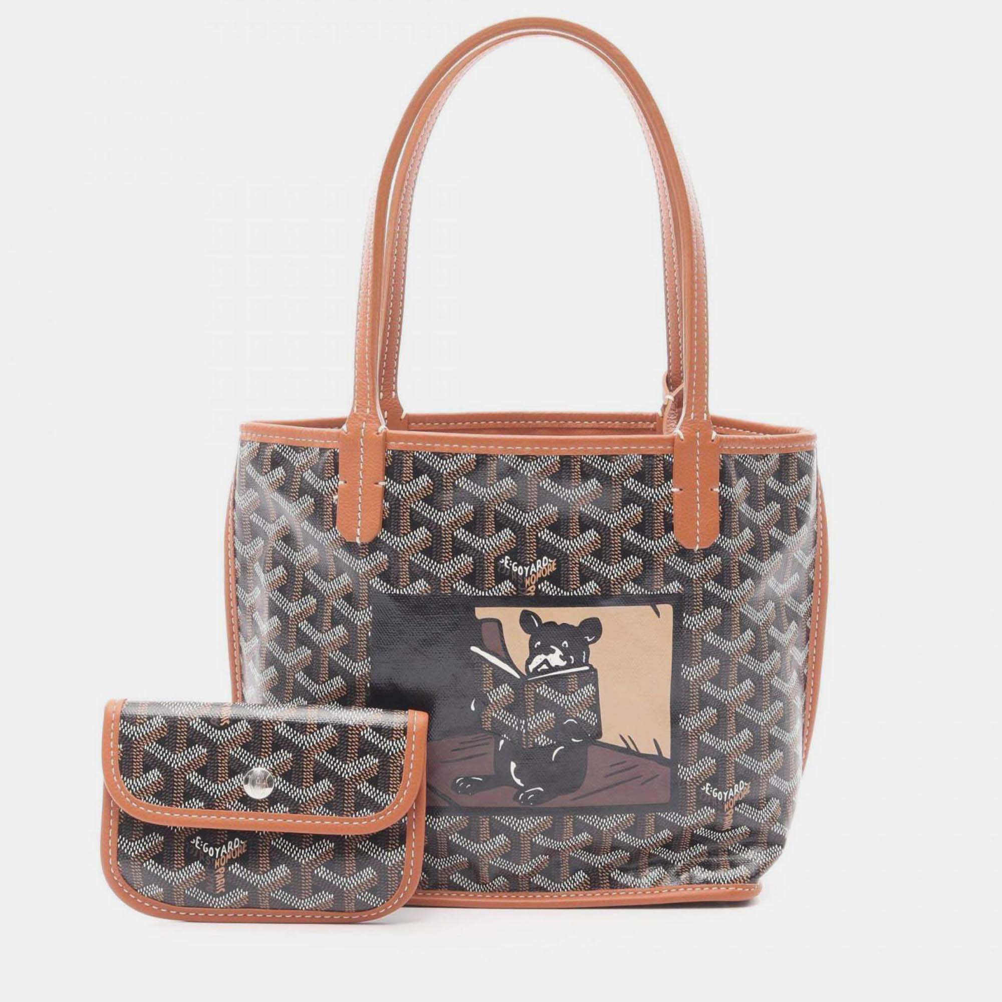 Pre Owned Goyard Ange Mini Hulo Tote Bag Pvc-Coated Canvas And Leather Black Brown White