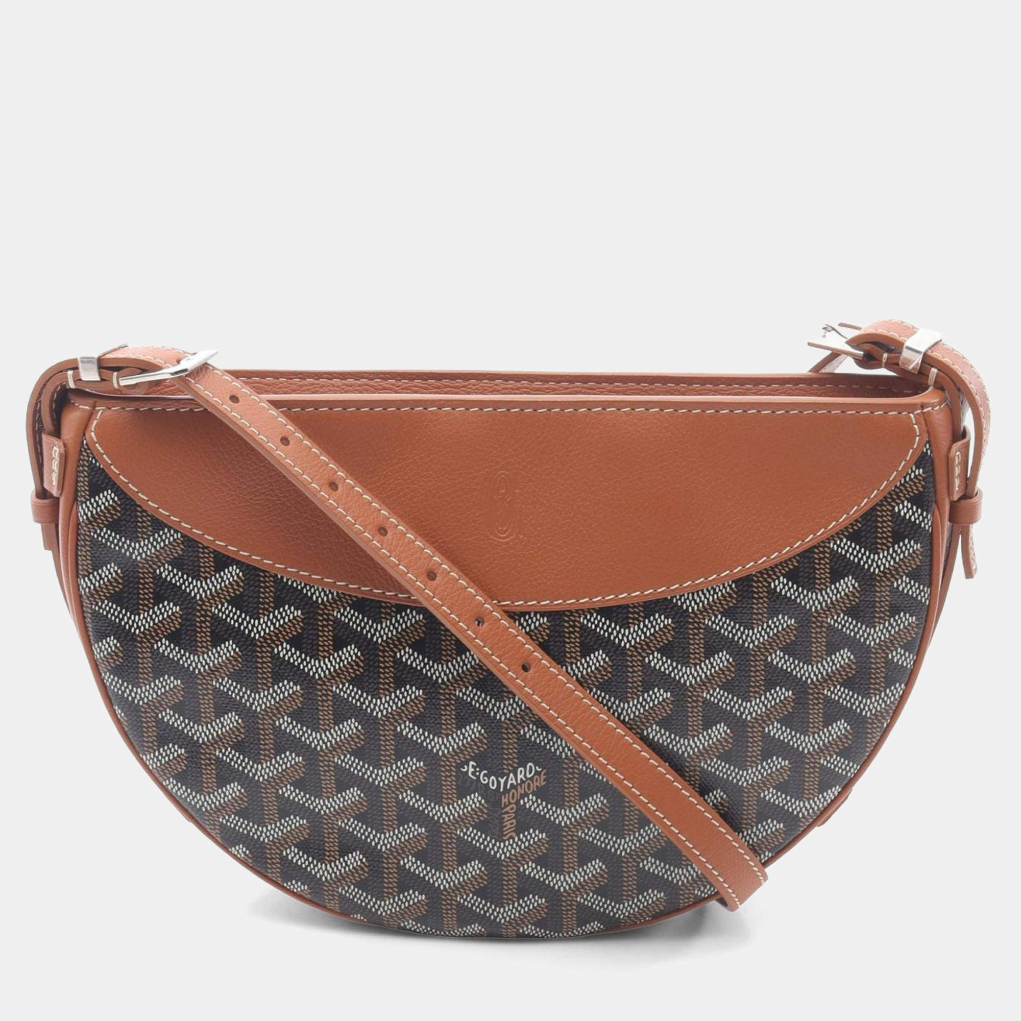Pre Owned Goyard Hirondelle Shoulder Bag In Leather And Coated Canvas  Brown/Black