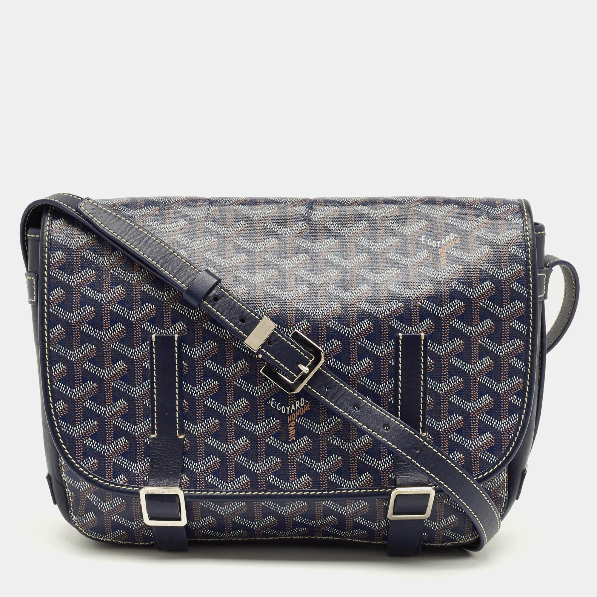 Pre Owned Goyard Navy Blue Goyardine Coated Canvas Belvedere MM Saddle Bag