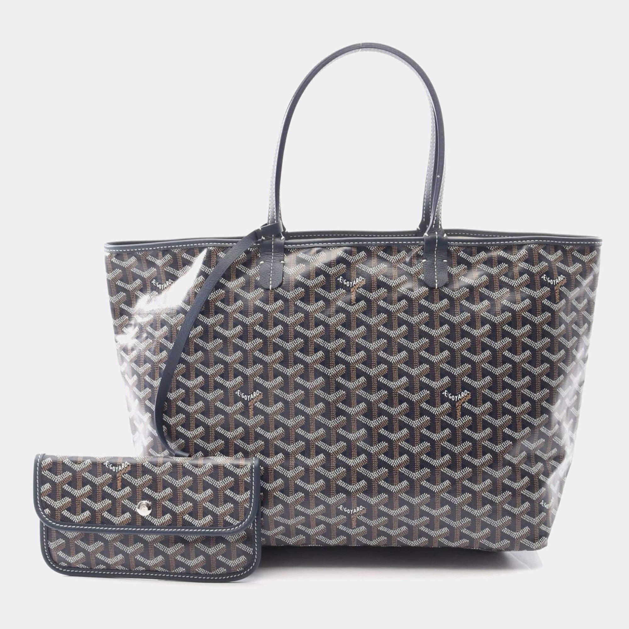 Pre Owned Goyard Saint Louis Pm Tote Bag Coated Canvas And Leather Navy Multicolor