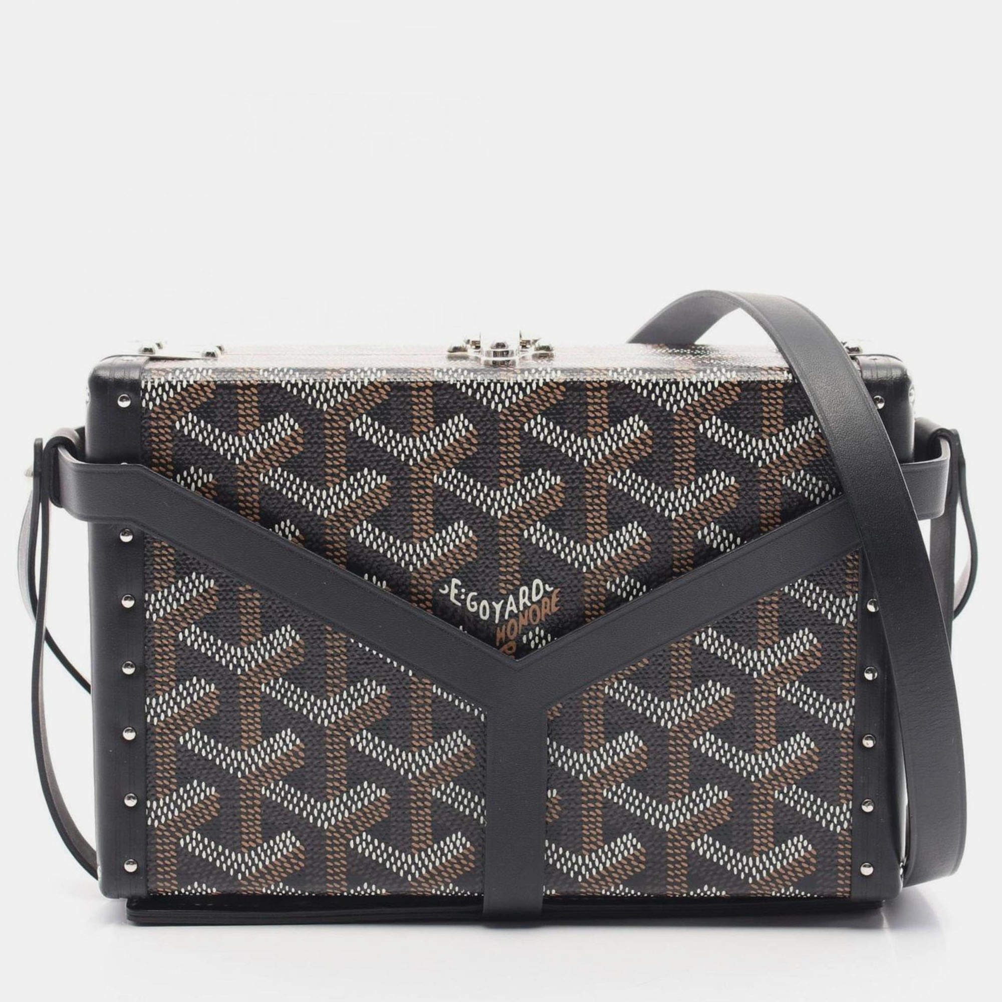 Pre Owned Goyard Menodiaire Trunk Bag Shoulder Coated Canvas Leather Black Brown White