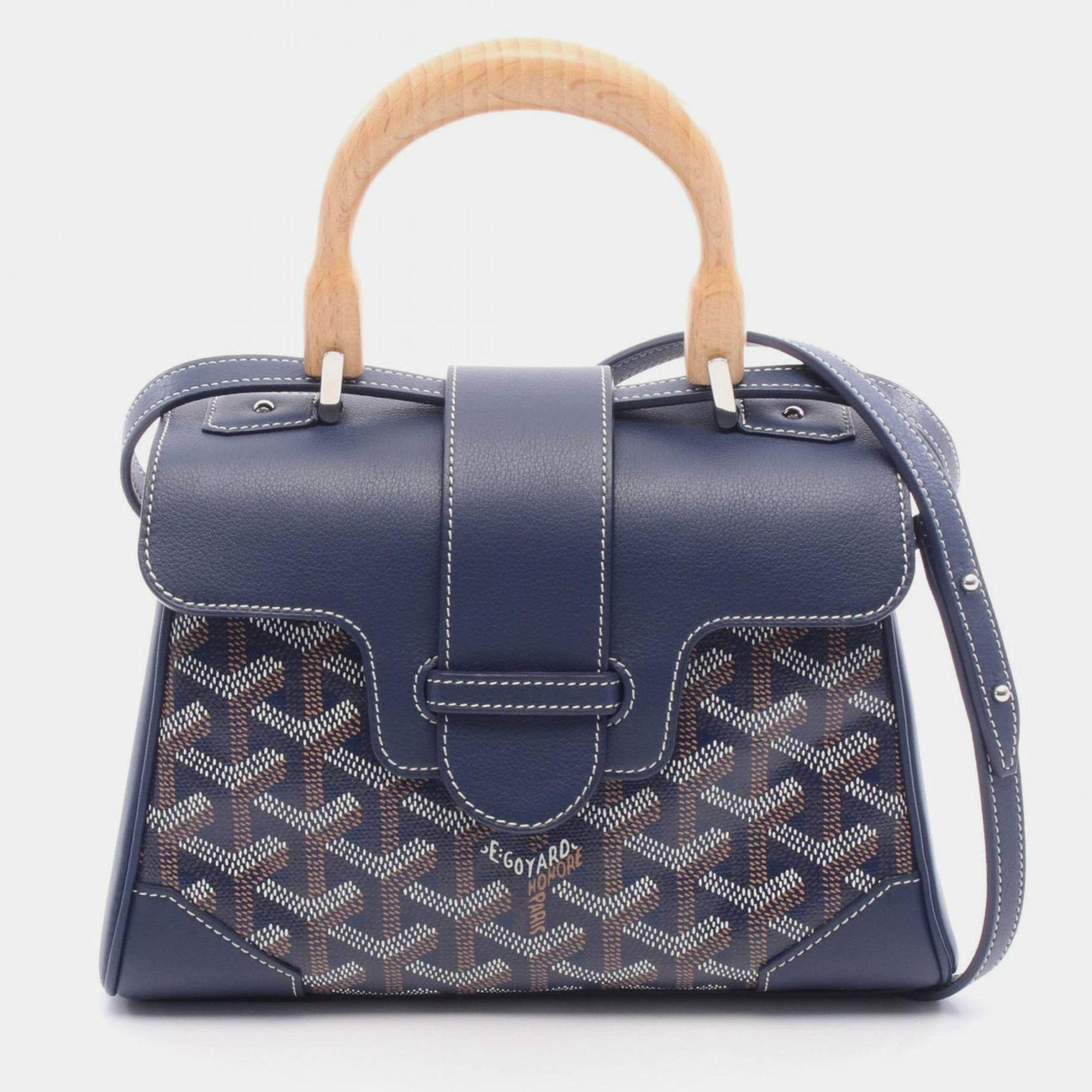Pre Owned Goyard Handbag Coated Canvas And Leather Navy White Brown