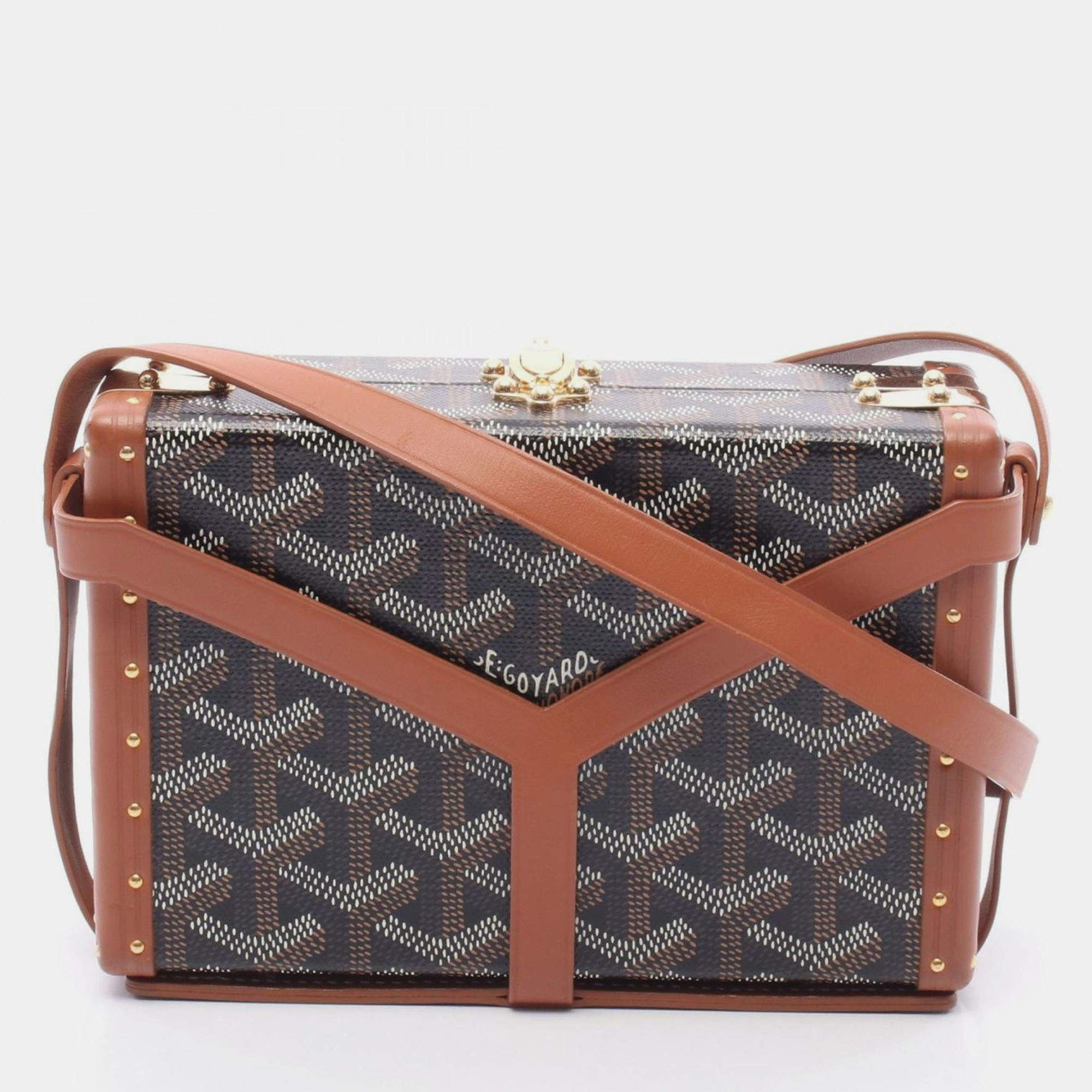 Pre Owned Goyard Minaudiere Trunk Bag Shoulder Coated Canvas Leather Black Brown White