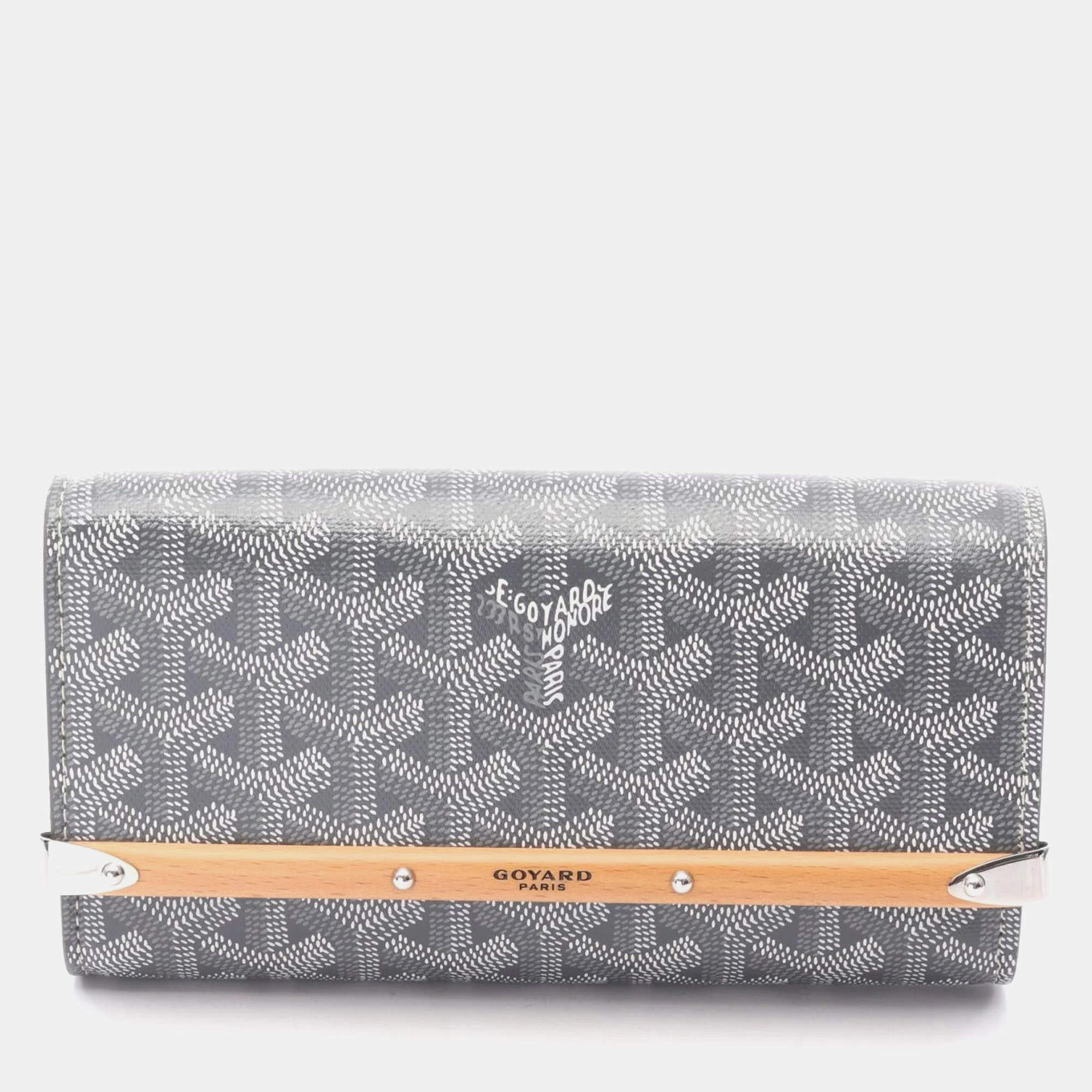 Pre Owned Goyard Monte Carlo Mini Case Pouch Bag In Coated Canvas And Wood Gray