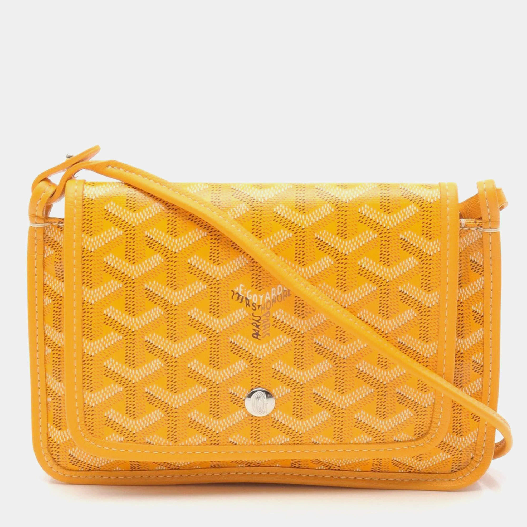Pre Owned Goyard Plumet Pouch Wallet Shoulder Bag In Coated Canvas And Leather Yellow Multicolor