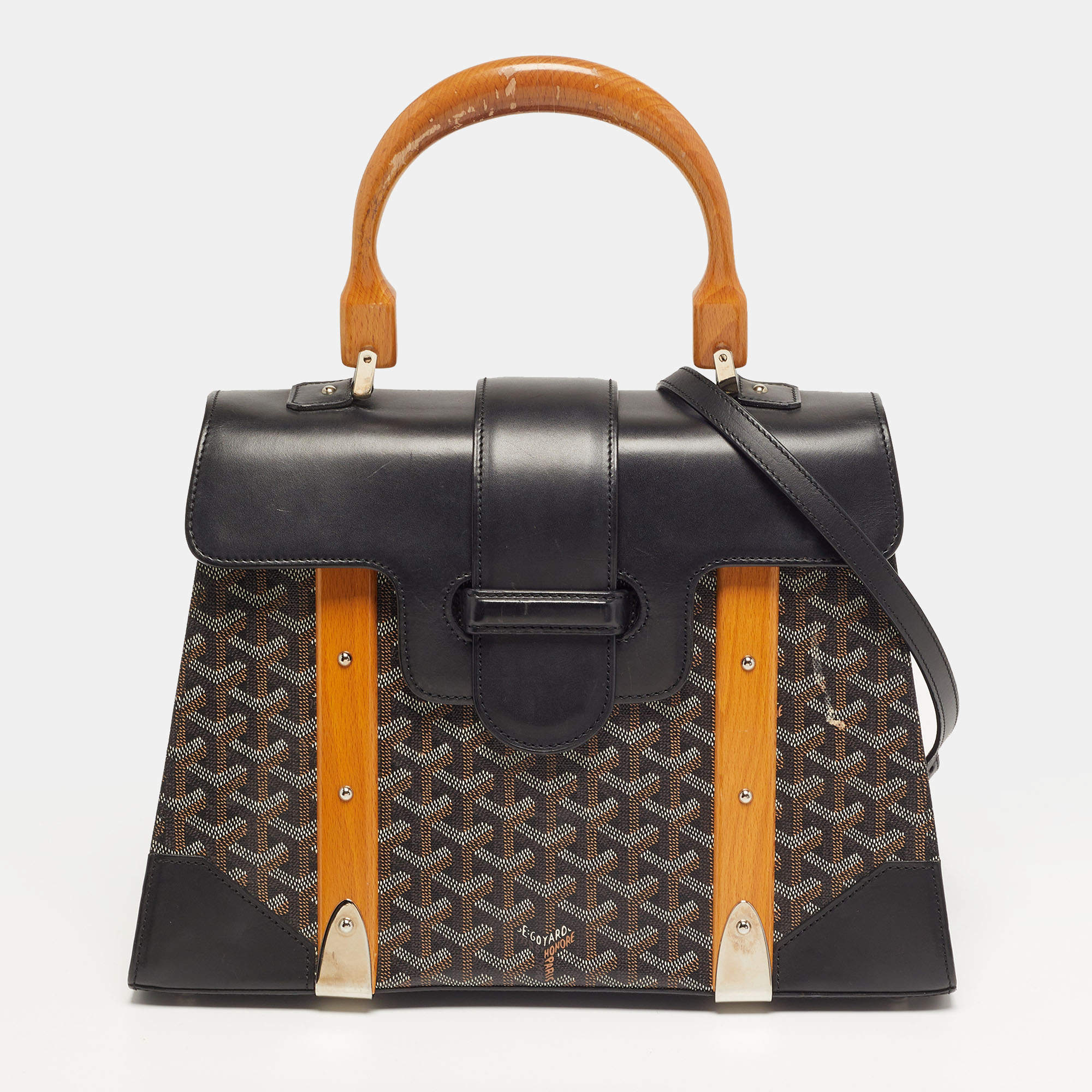 Pre Owned Goyard Saigon MM Black Goyardine Coated Canvas and Leather Top Handle Bag