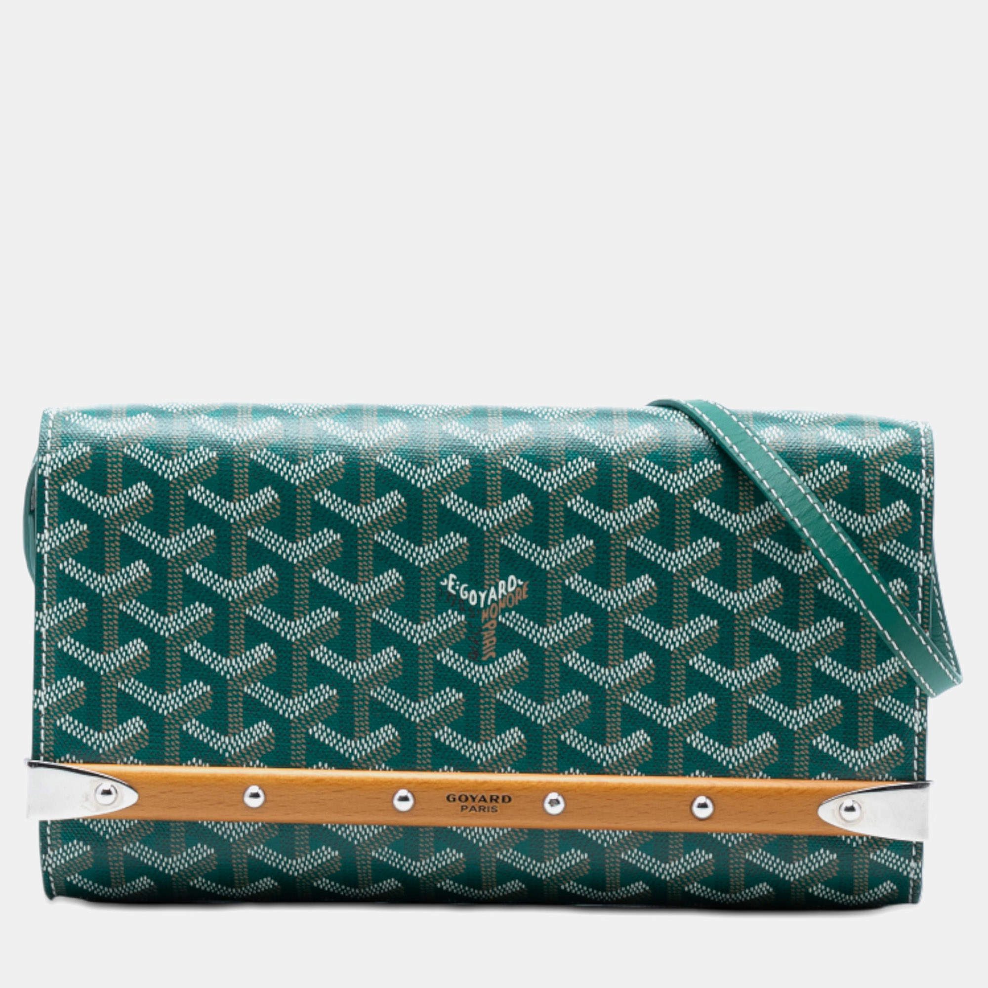Pre Owned Goyard Green Goyardine Monte Carlo Bois Clutch with Strap