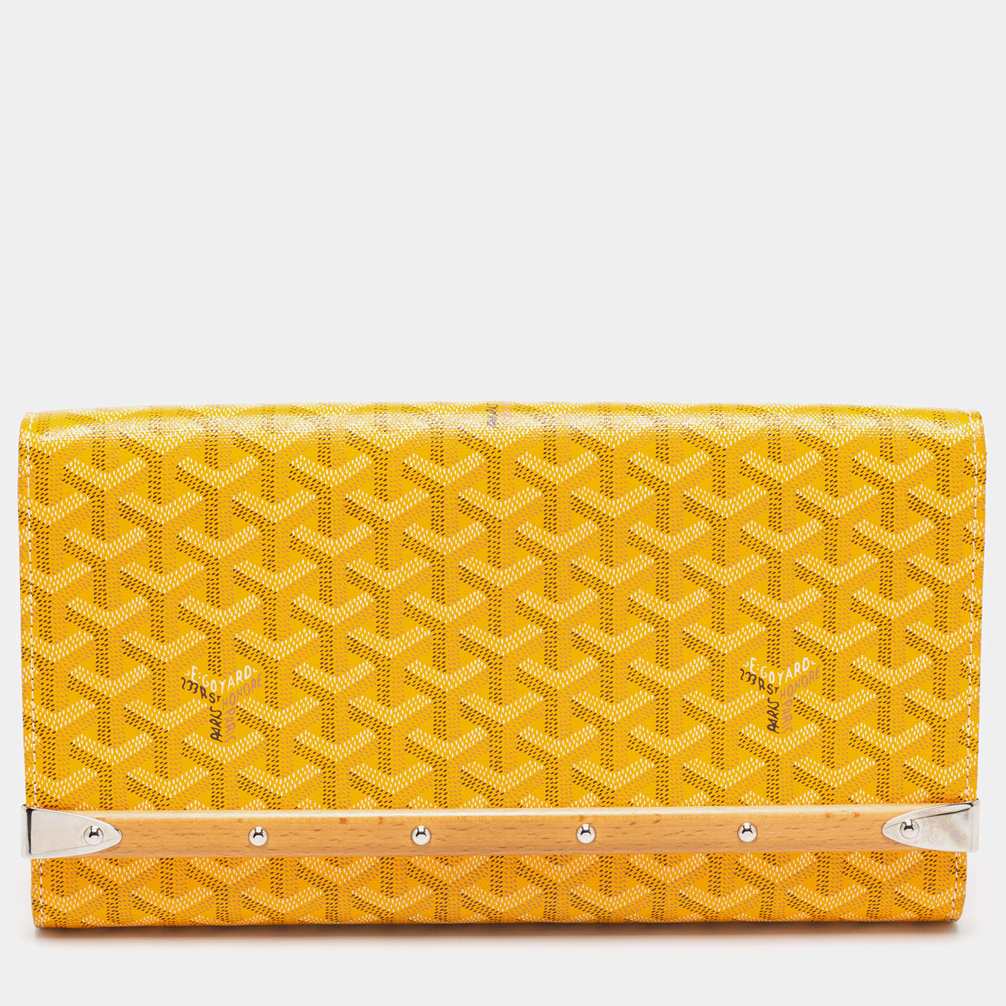 Pre Owned Goyard Yellow Goyardine Coated Canvas Monte Carlo Bois Clutch