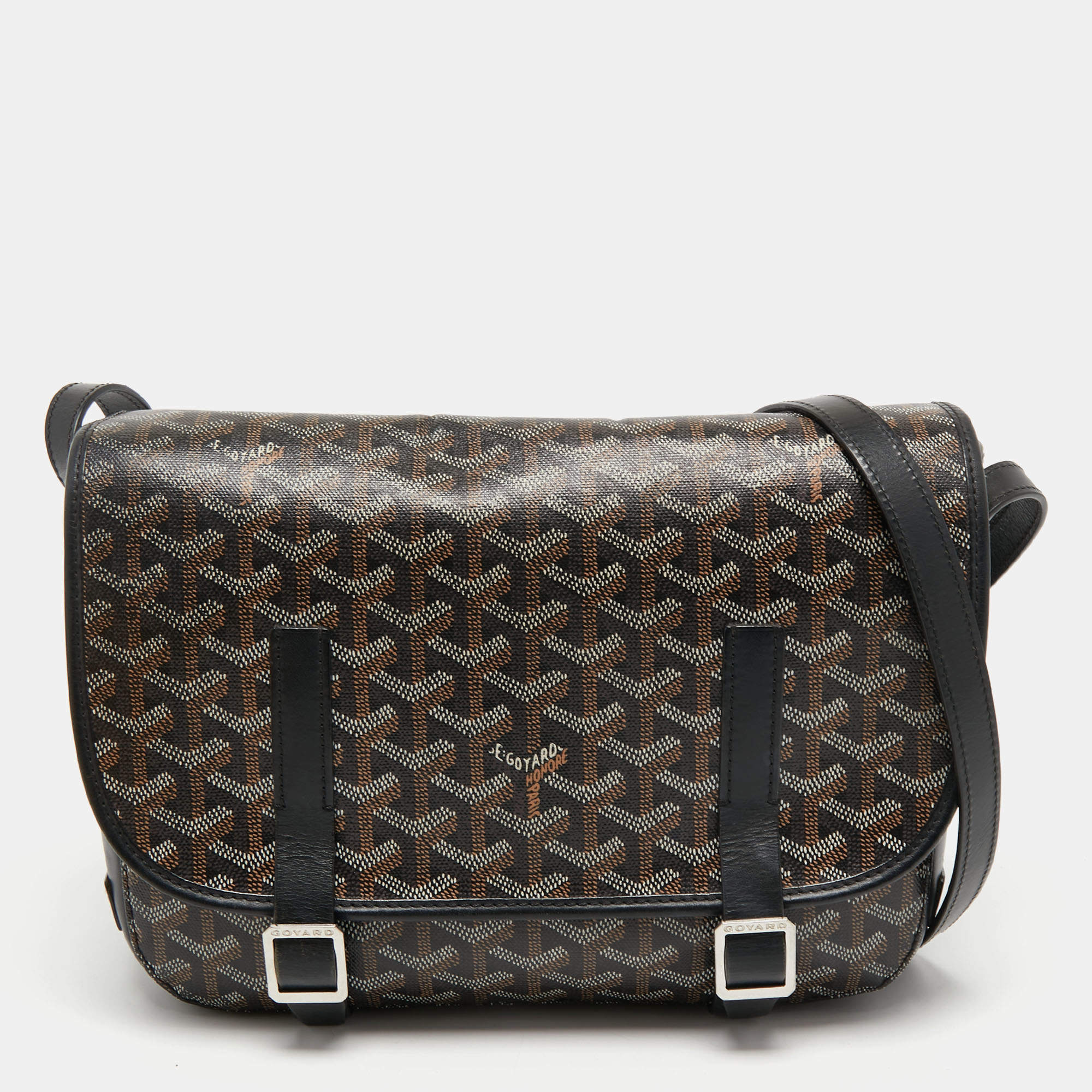Pre Owned Goyard Black Goyardine Coated Canvas and Leather Belvedere MM Saddle Bag