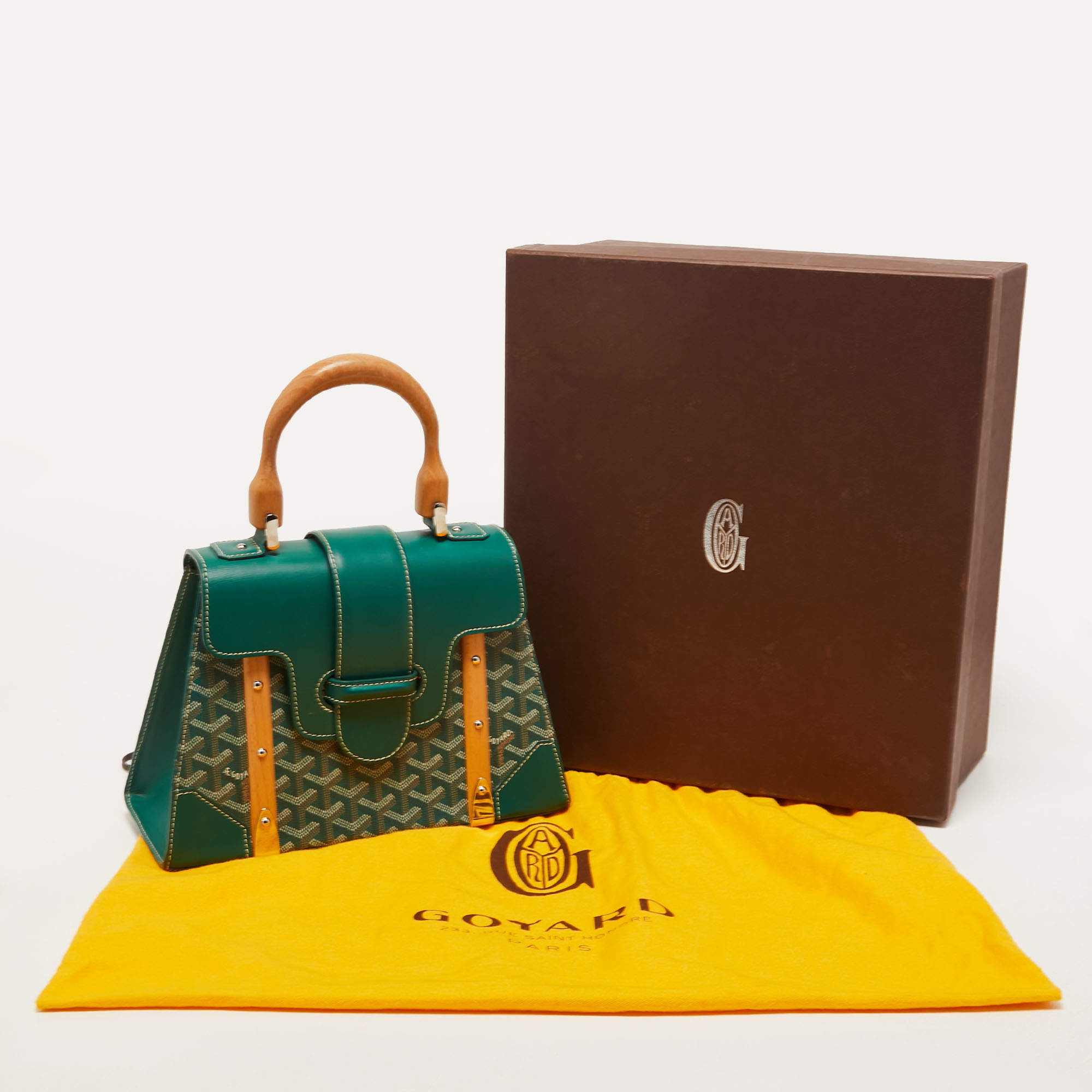 GOYARD, GREEN SAIGON PM IN COATED CANVAS AND LEATHER WITH WOODEN TOP  HANDLE, 2013, Handbags and Accessories, 2020