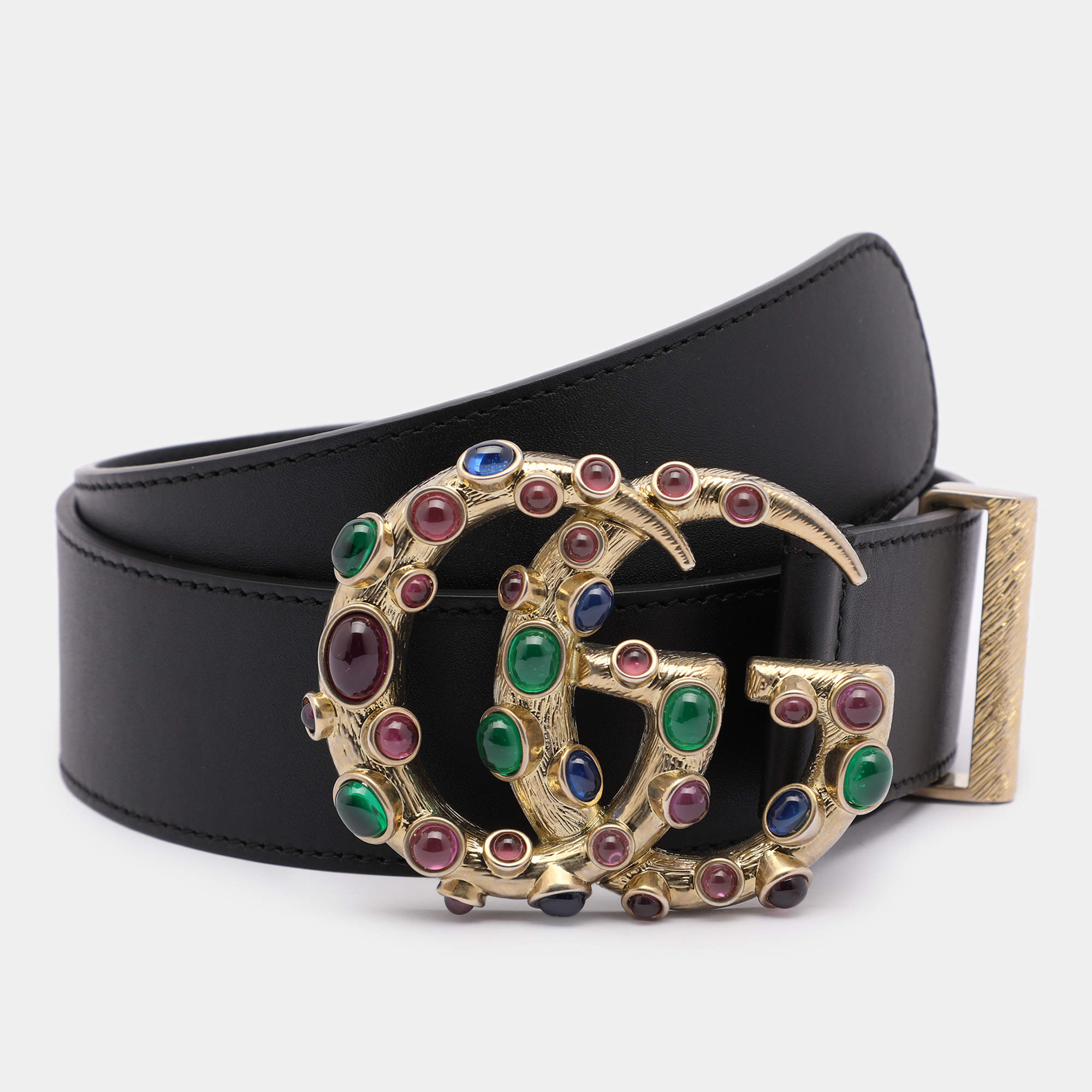 Gucci Black Leather Double G Crystal Embellished Belt 75CM