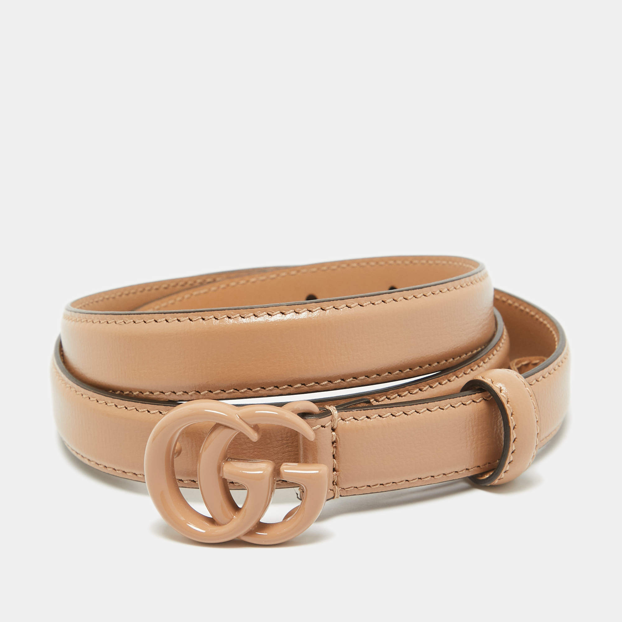 Gucci Beige Leather Double G Buckle Slim Belt 85 CM