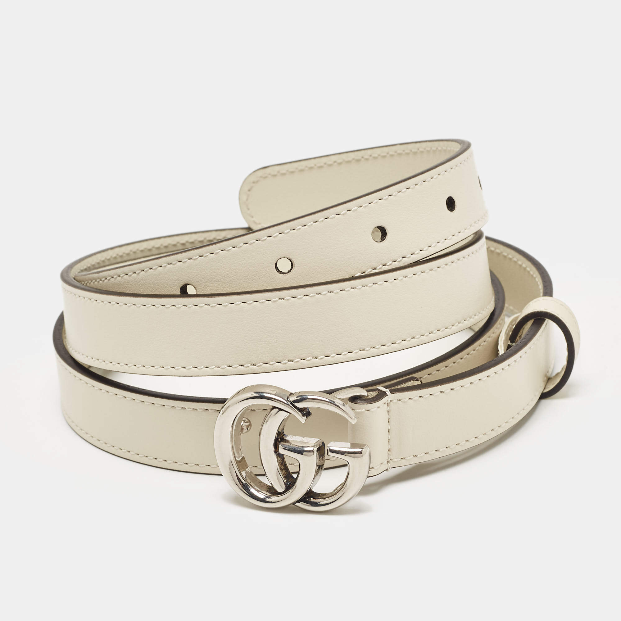 Gucci Off White Leather GG Marmont Slim Buckle Belt 115CM Gucci TLC