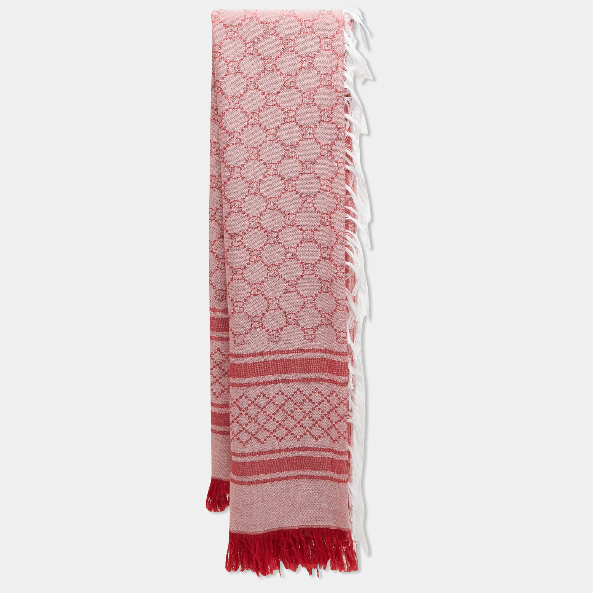 Gucci Red GG Web Cotton Fringed Shawl