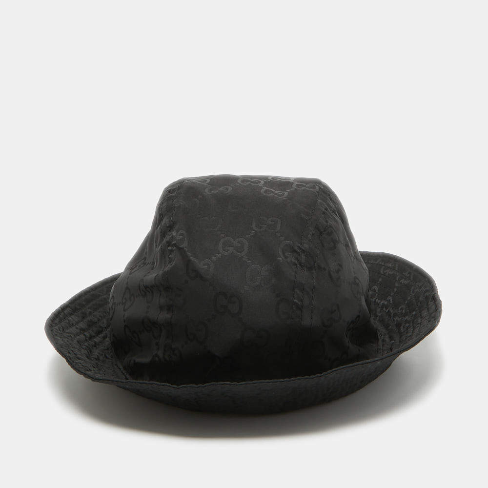 Gucci Black GG Web Nylon Bucket Hat With Pouch 