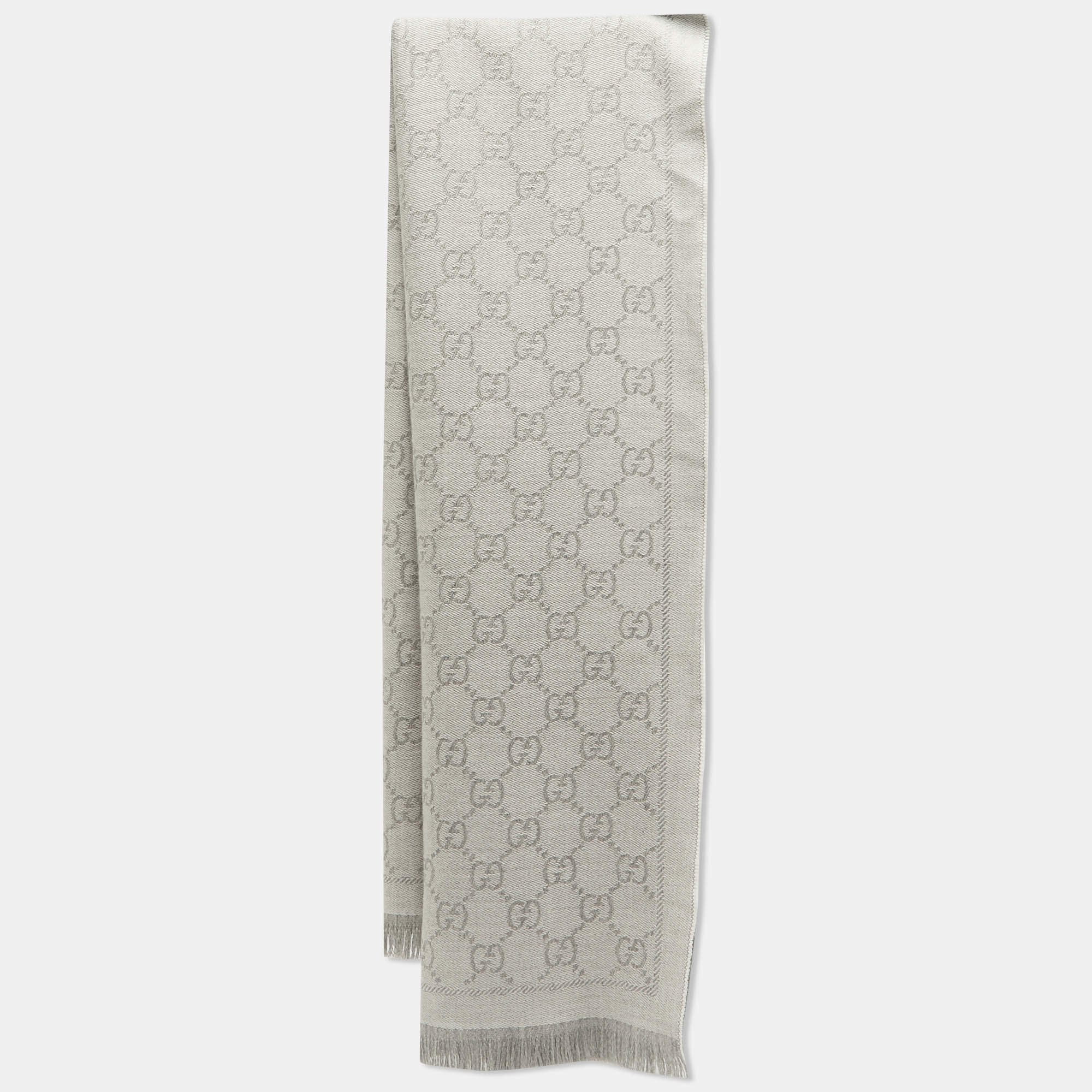 Gucci Grey GG Jacquard Wool Fringe Scarf