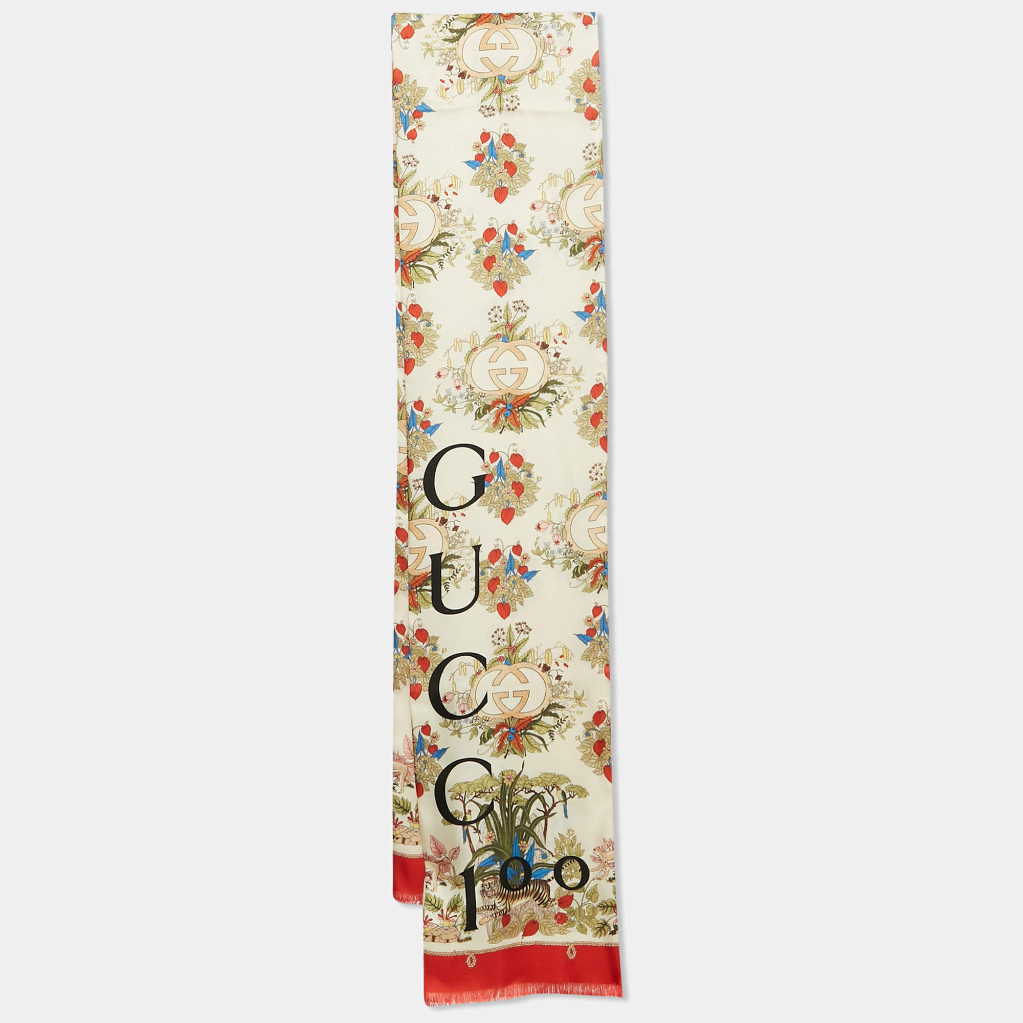 Pre Owned Gucci 100 Cream/Red Printed Silk Lady Savanero Scarf