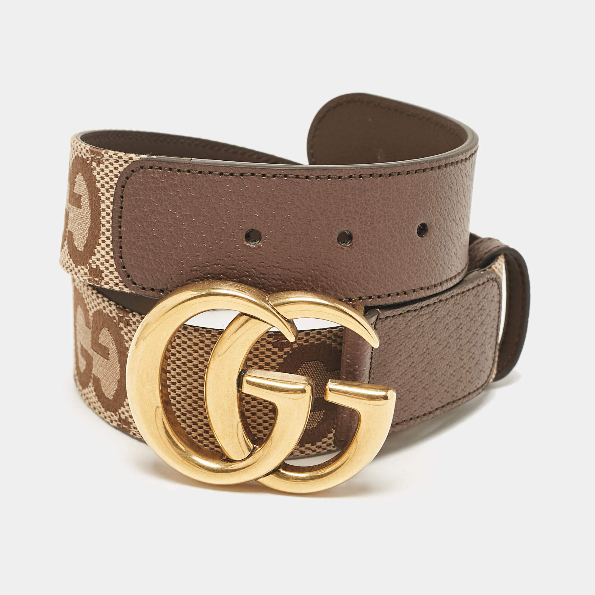 Pre Owned Gucci Beige/Ebony Jumbo GG Canvas GG Marmont Buckle Belt 80 CM
