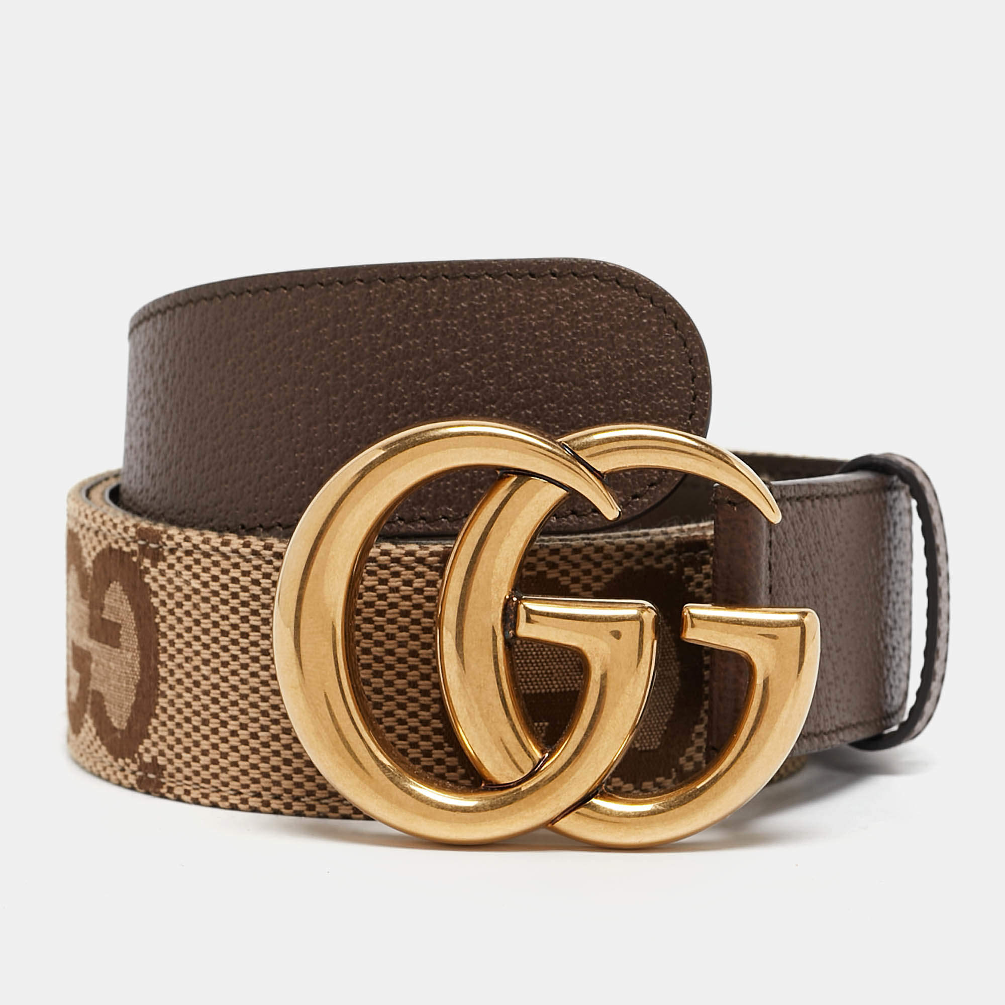 Gucci Brown/Beige Jumbo GG Canvas and Leather GG Marmont Buckle Belt 95CM