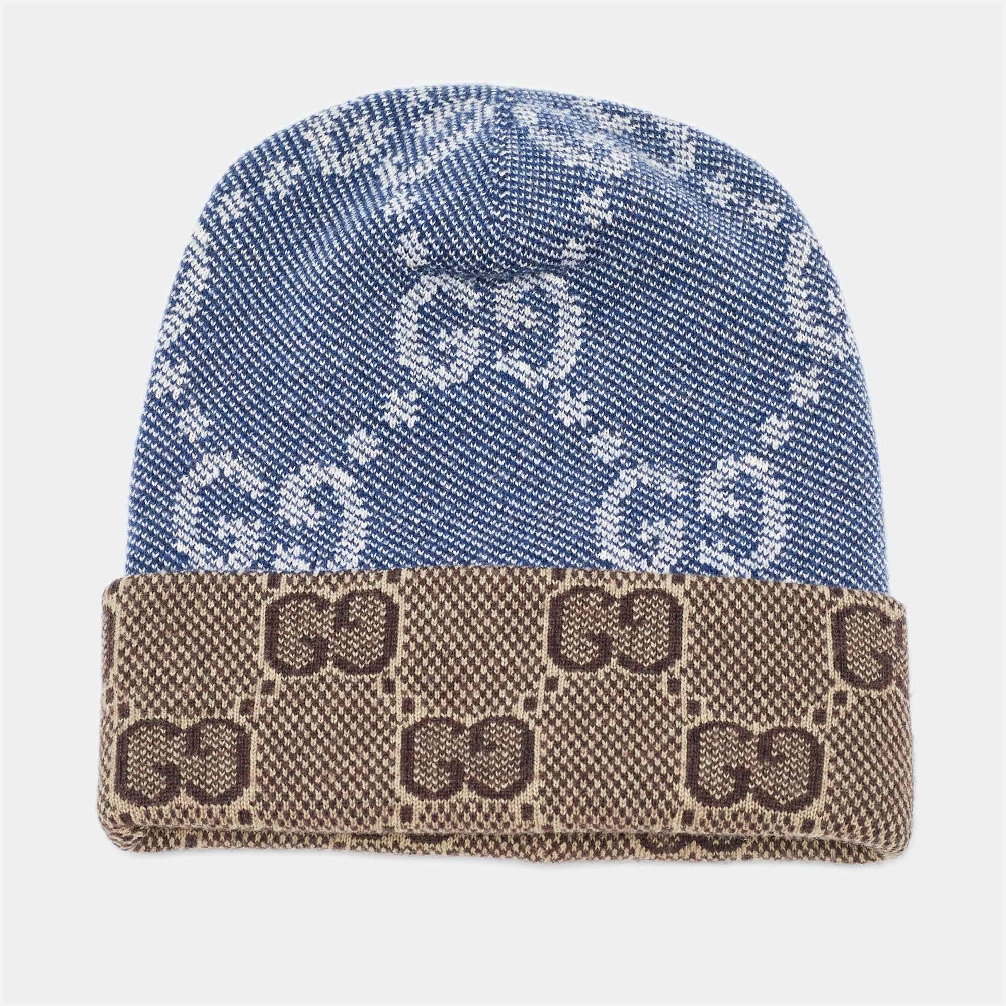 Gucci Blue/Brown GG Jacquard Wool Knit Beanie Hat S