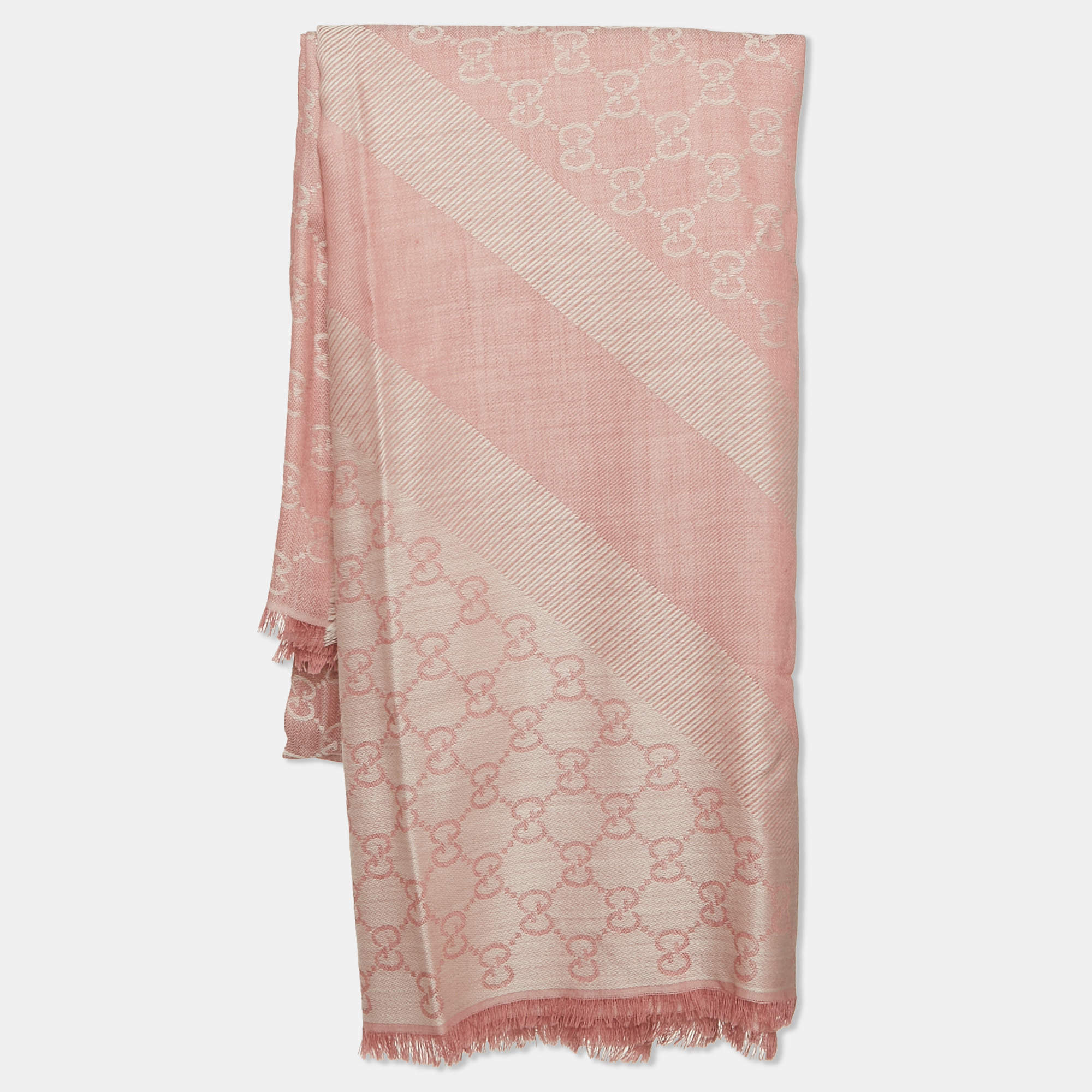 Pre Owned Gucci Pink GG Jacquard Wool Frayed Edge Scarf