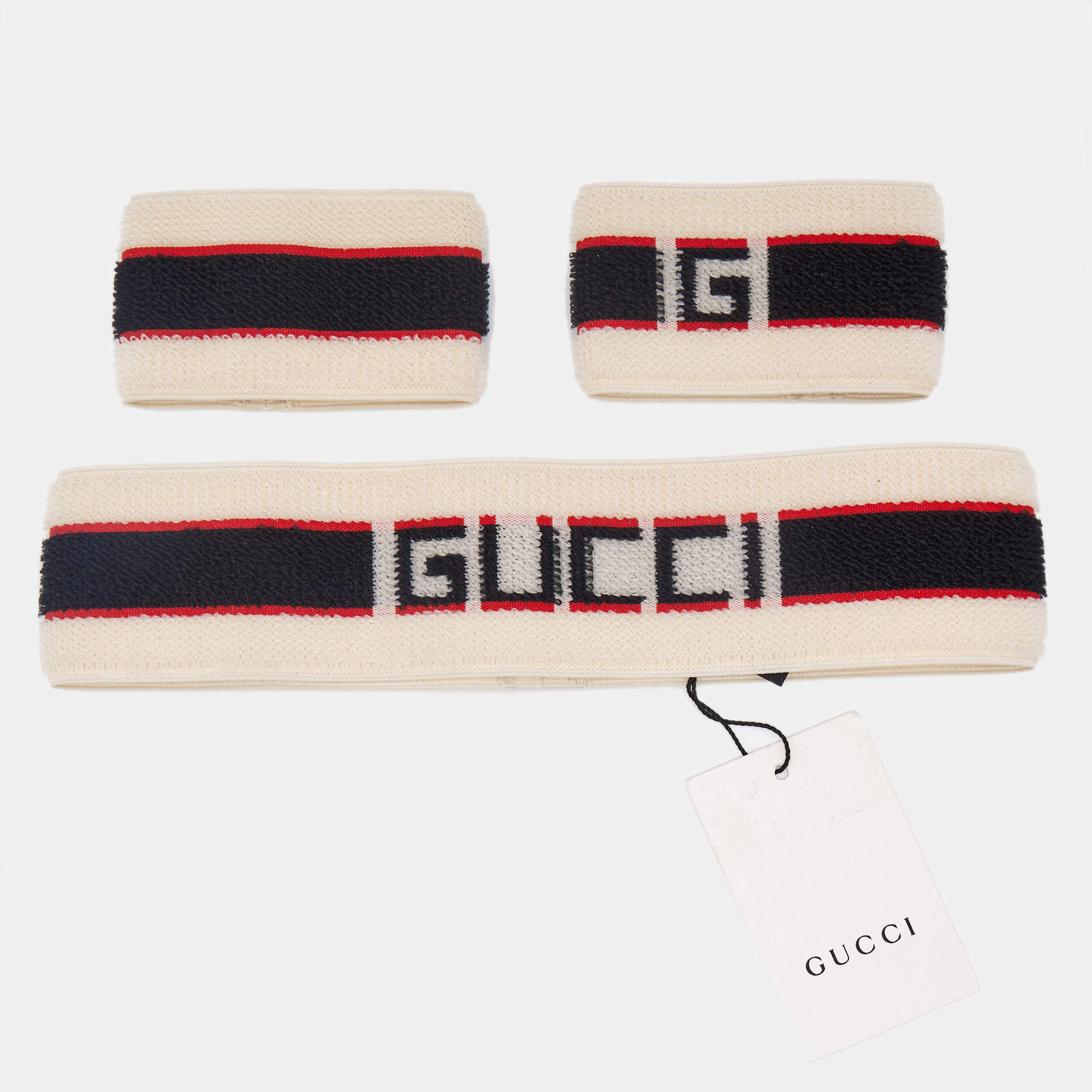 Gucci Beige Logo Stripe Sports Headband & Wristbands Set M