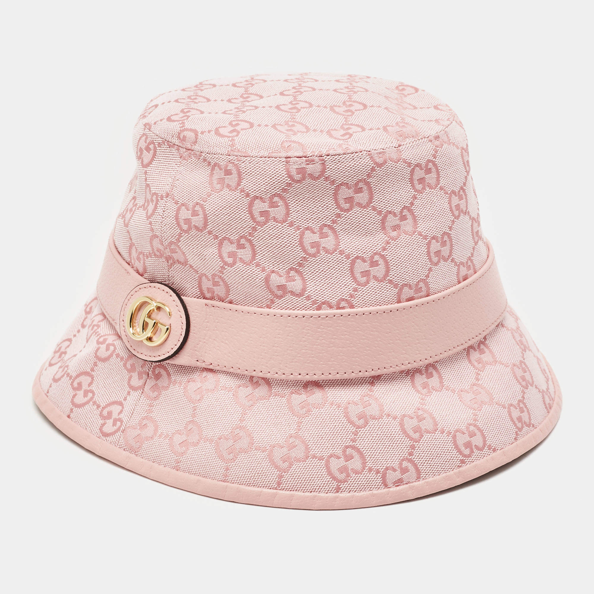 Gucci Pink Logo Monogram Canvas & Leather Detail Bucket Hat S