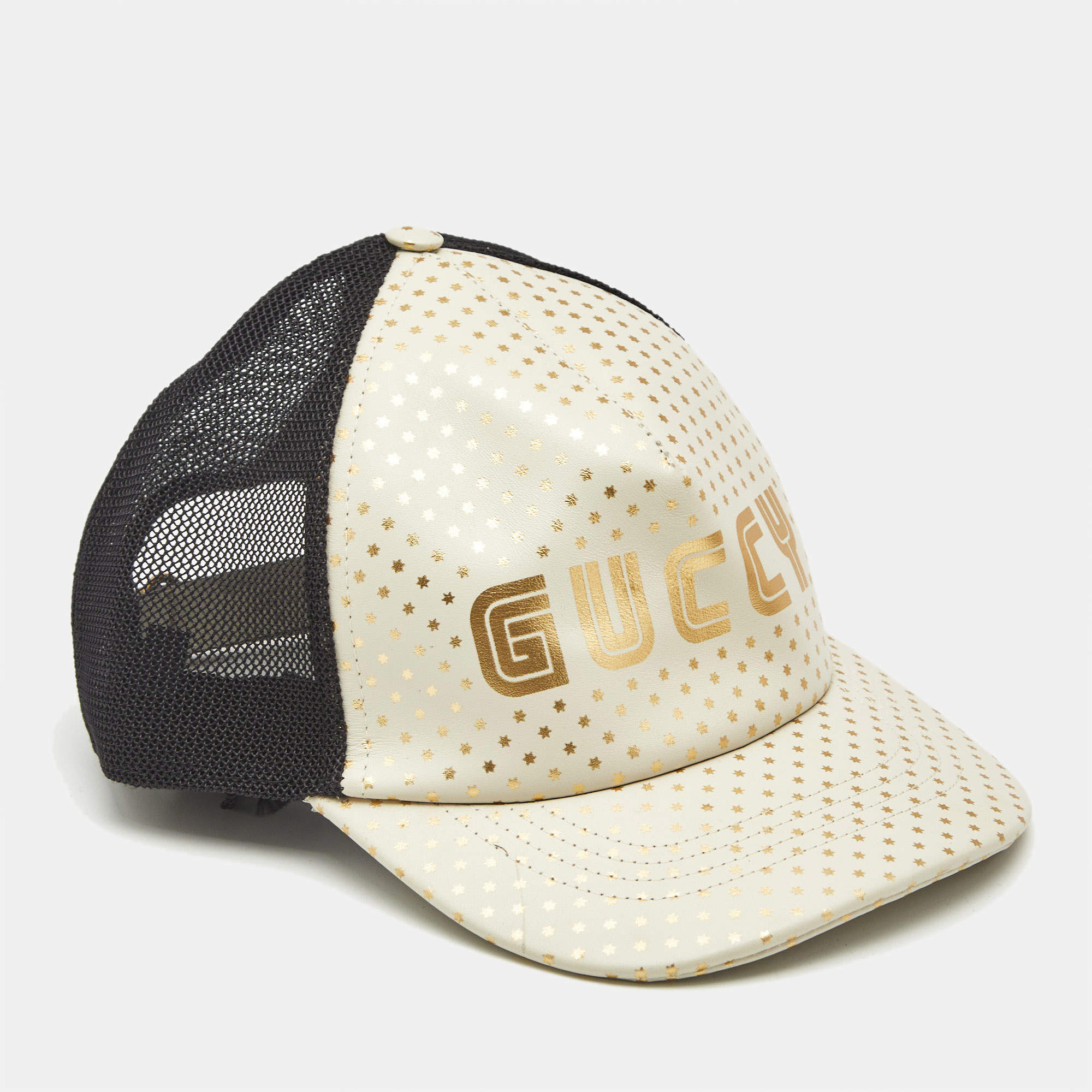 Gucci White Stars/Guccy Print Leather & Mesh Baseball Cap L