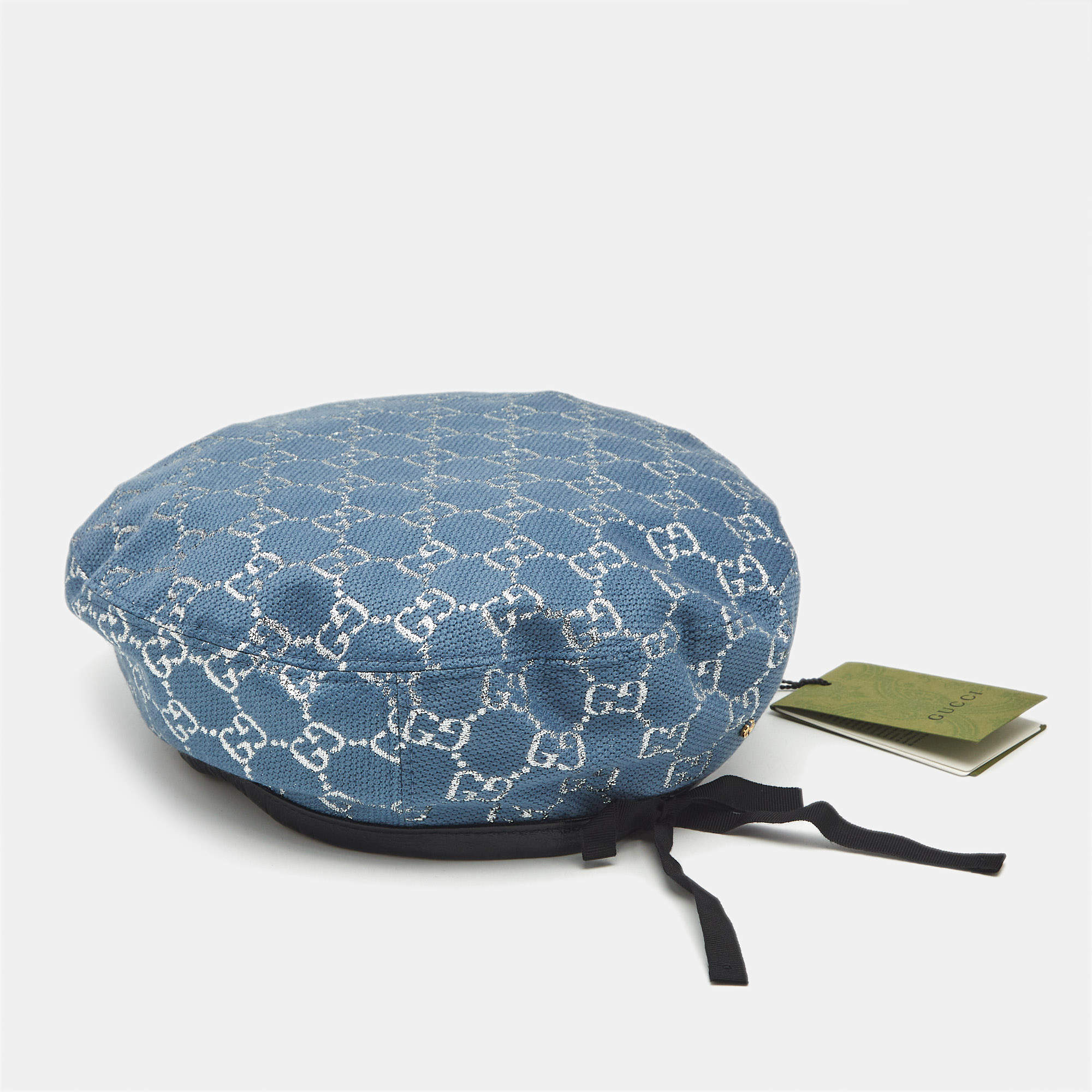Gucci Blue GG Lamé Leather Trim Beret Cap M