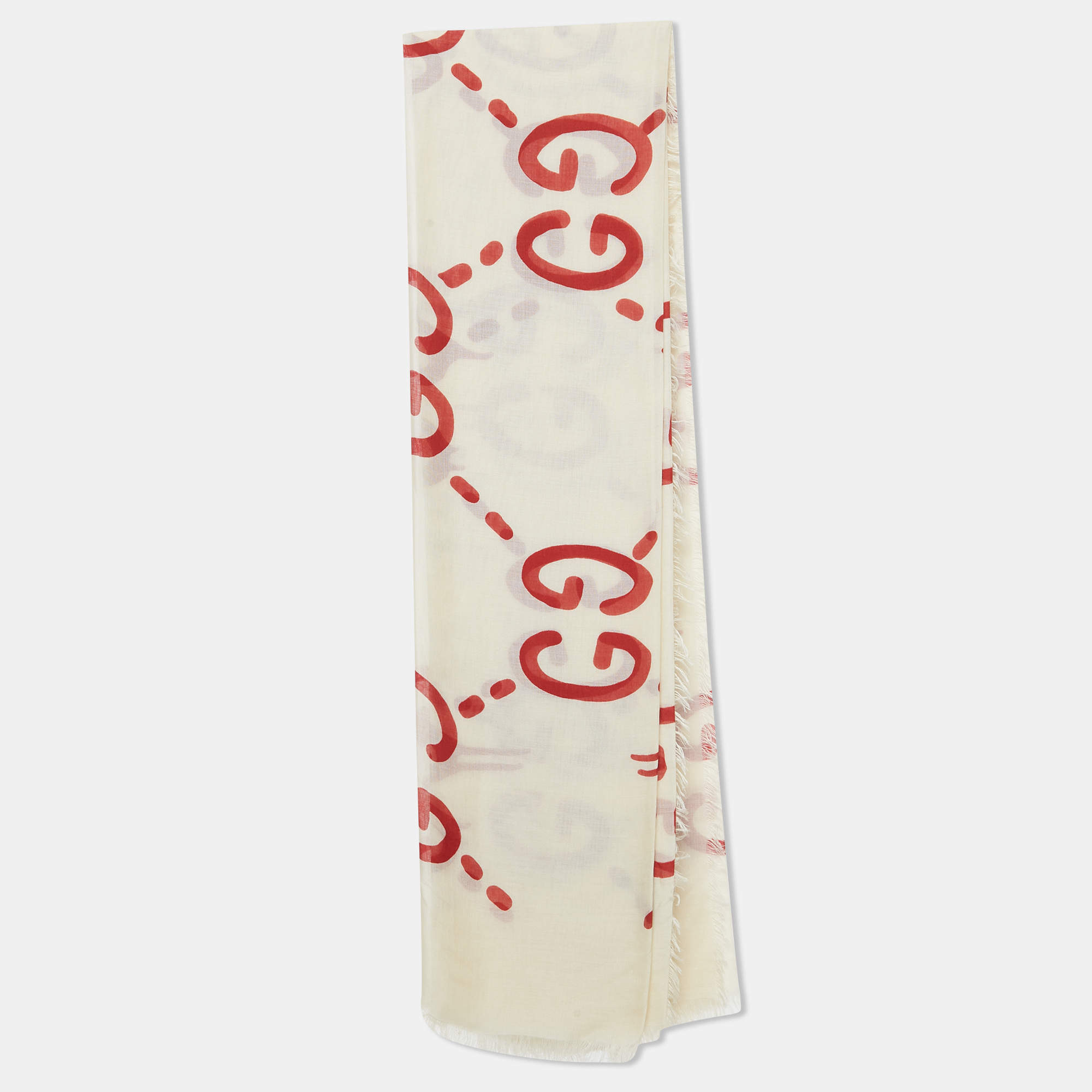Pre Owned Gucci Cream & Red GG Ghost Print Modal & Silk Blend Scarf 