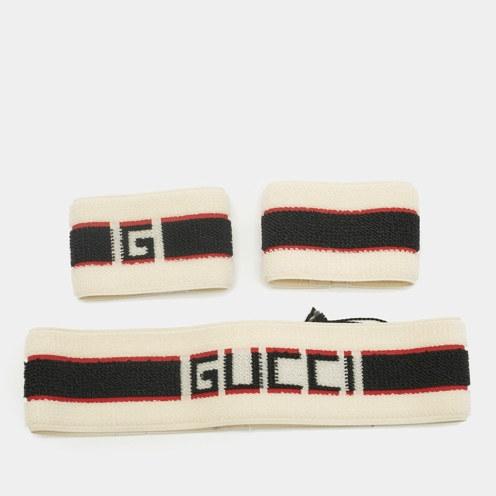 Pre Owned Gucci Beige Logo Stripe Sports Headband & Wristbands Set S