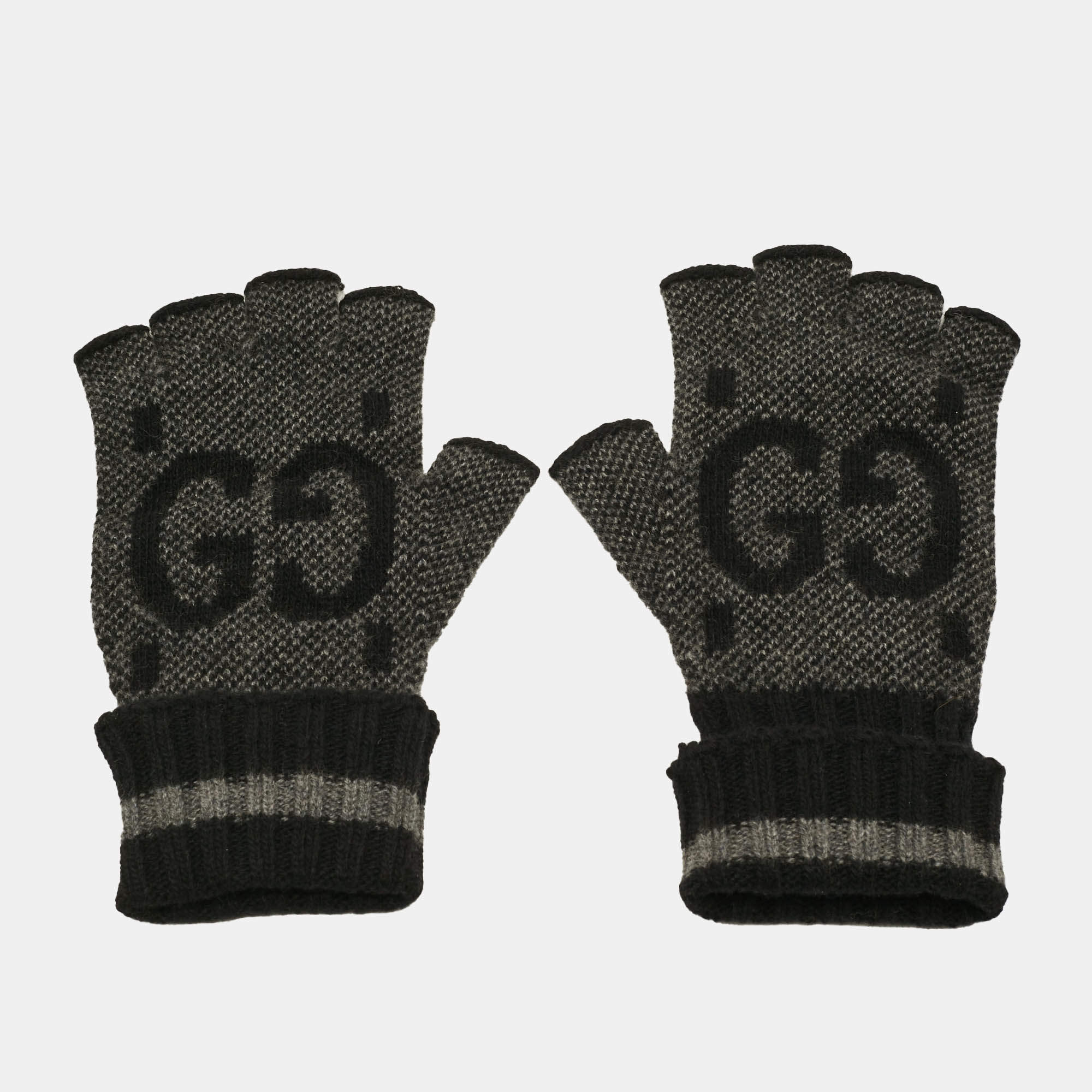 Pre Owned Gucci M Fingerless Gloves Grey/Black GG Cashmere 
