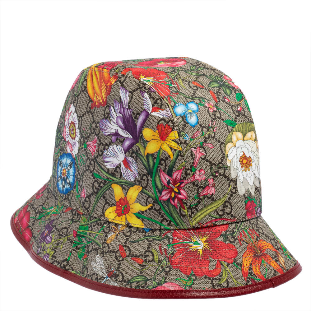 Pre Owned GG Beige Cotton Blend Flora Print Bucket Hat XL